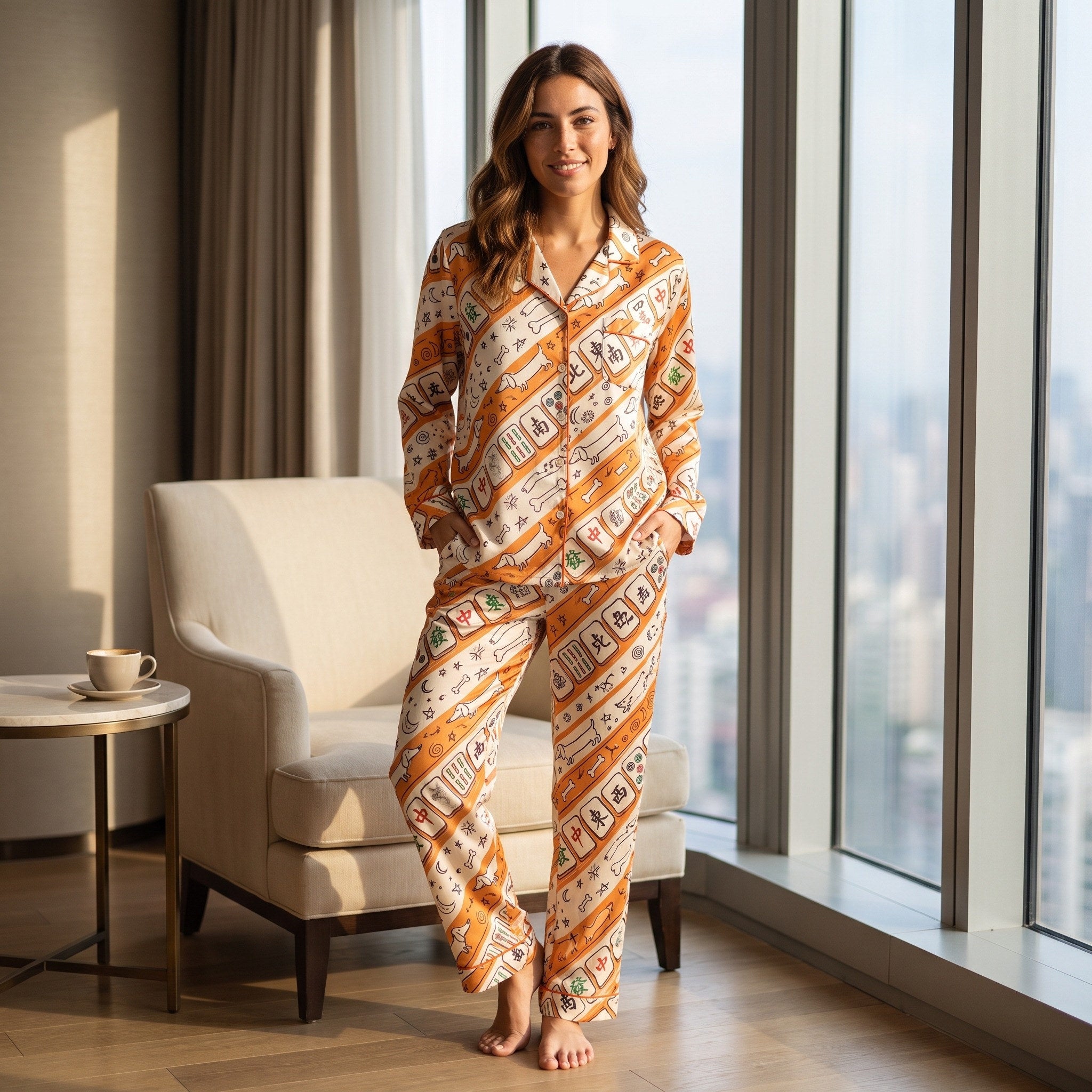 Silky Satin Long-Sleeved Women's Pajama Set in Orange Dachshund Mahjong