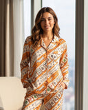 Silky Satin Long-Sleeved Women's Pajama Set in Orange Dachshund Mahjong