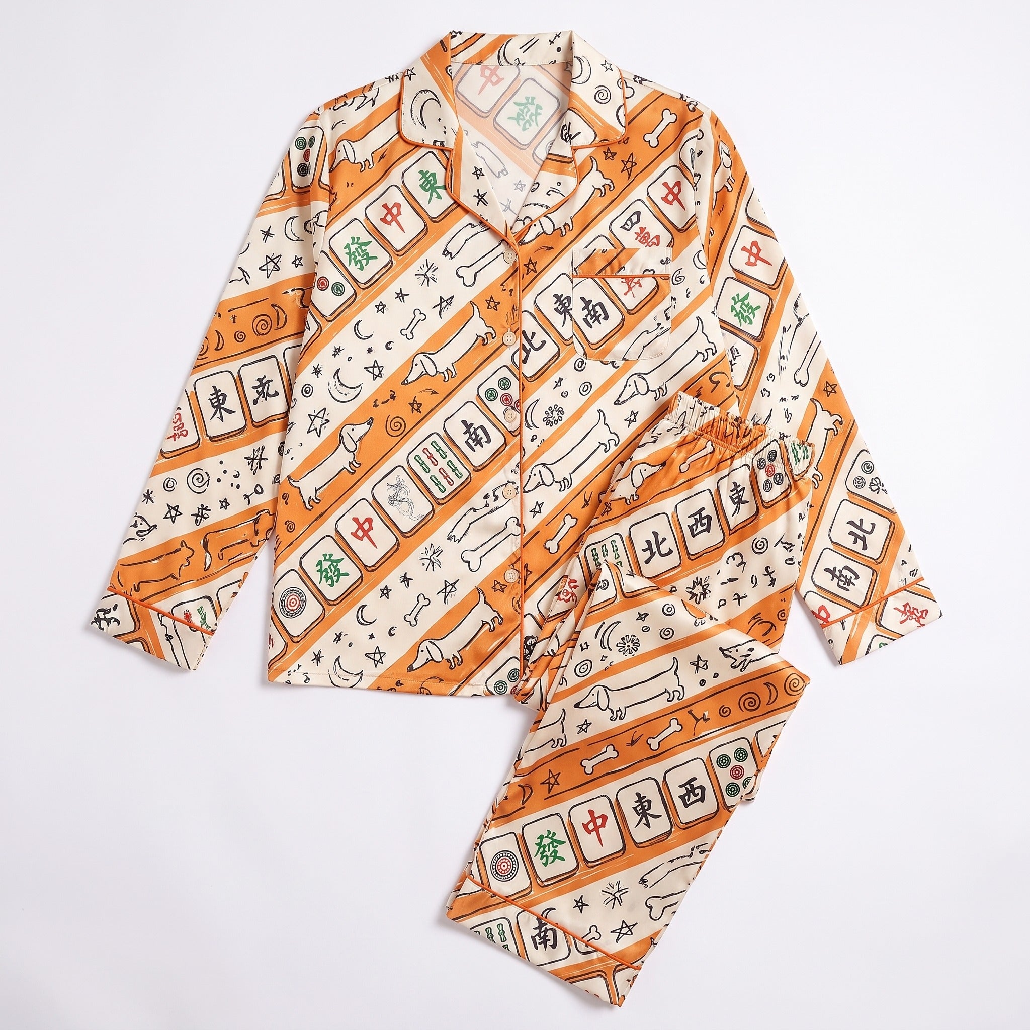 Silky Satin Long-Sleeved Women's Pajama Set in Orange Dachshund Mahjong