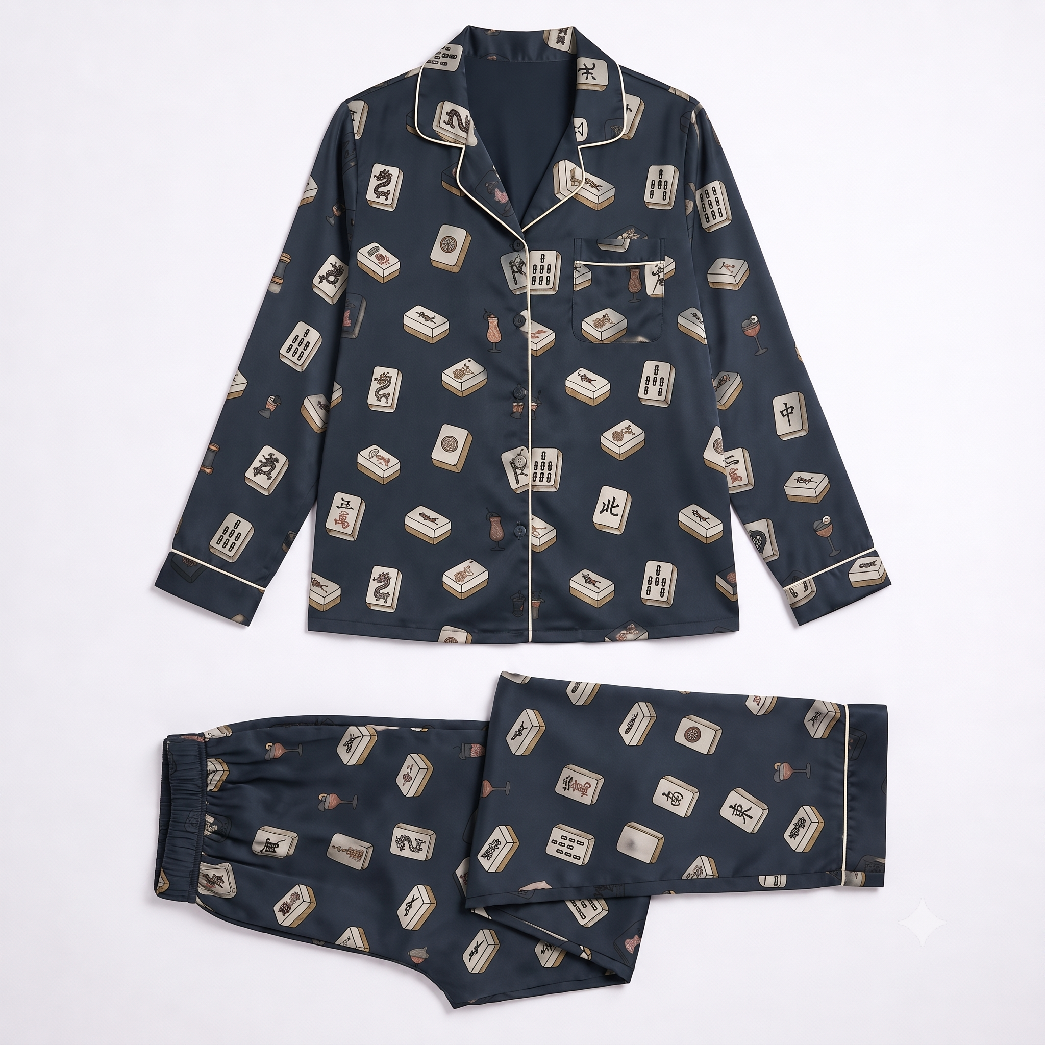Navy Mahjong Tile Pajama Set for Women