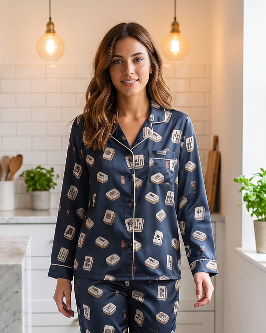 Navy Mahjong Tile Pajama Set for Women