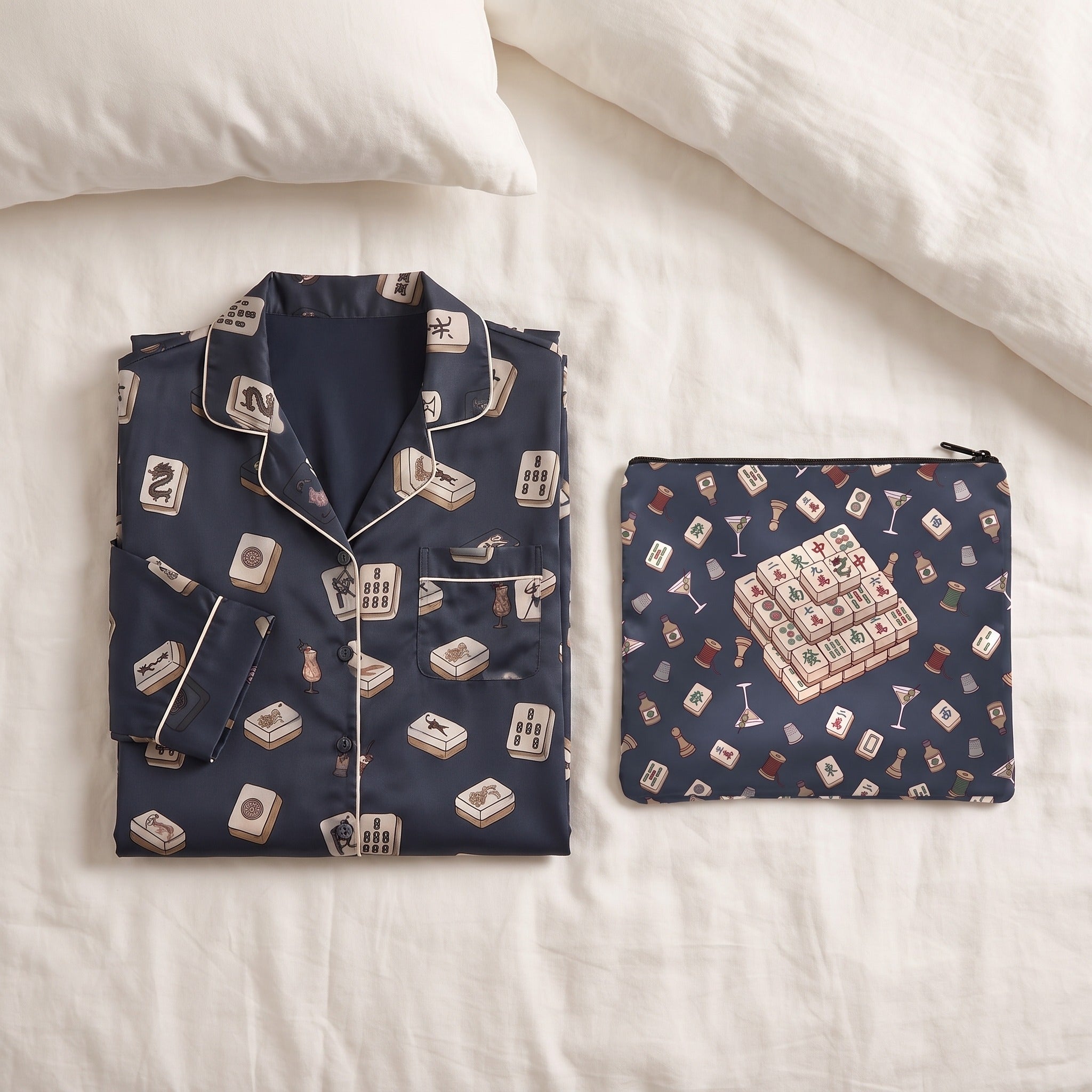 Navy Mahjong Tile Pajama Set for Women