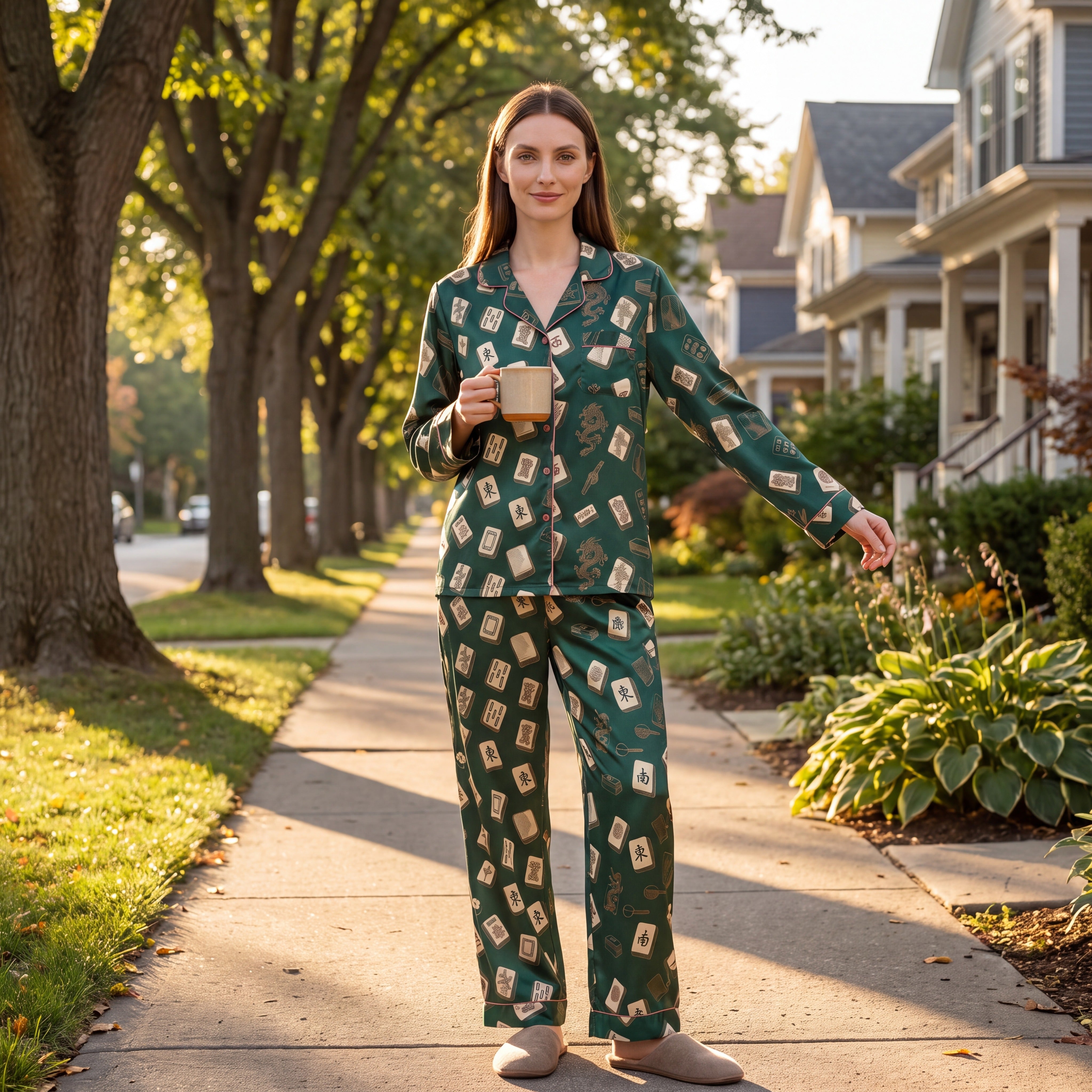 Emerald Green Mahjong Pajama Set for Women