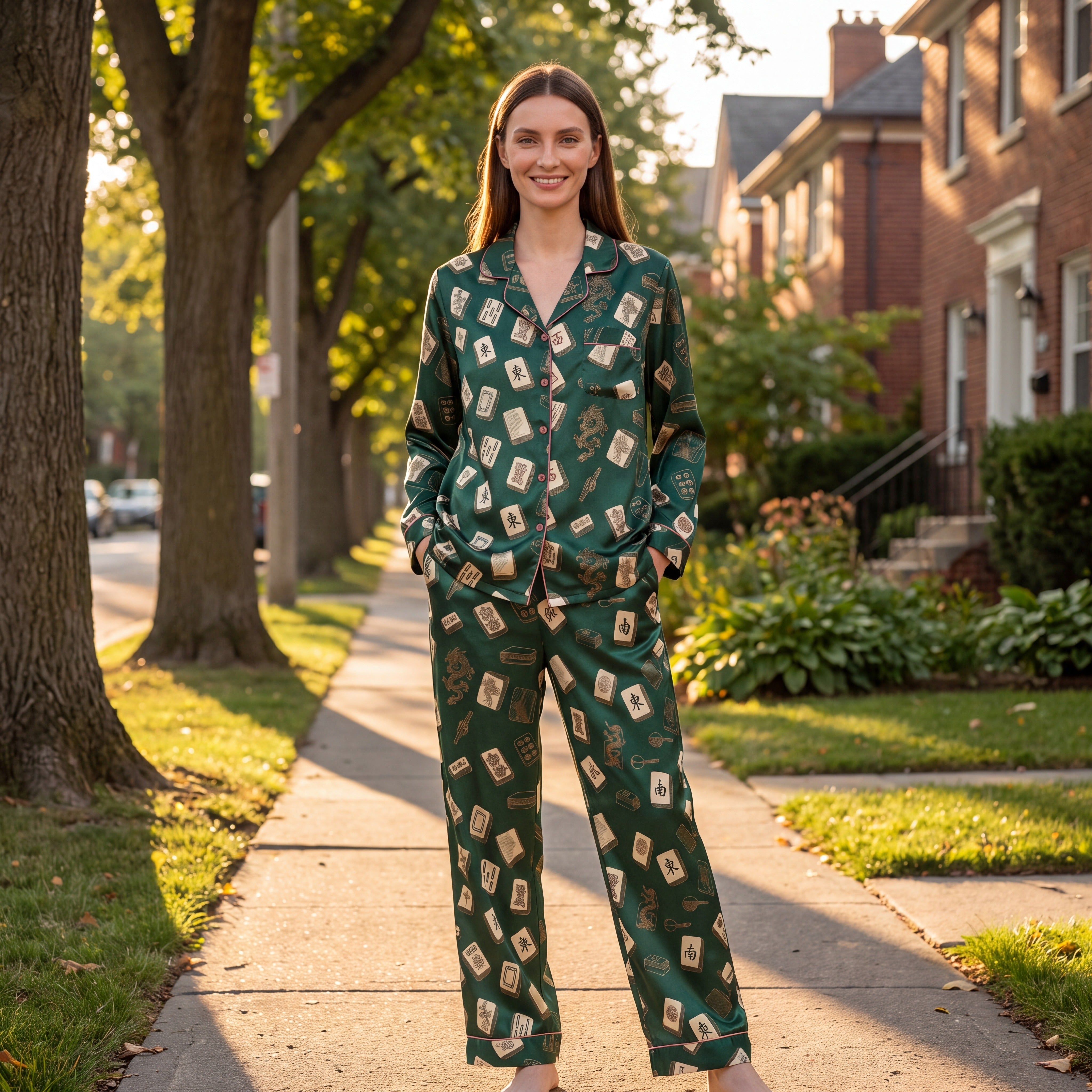 Emerald Green Mahjong Pajama Set for Women