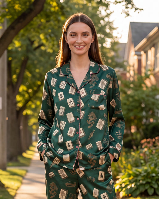 Emerald Green Mahjong Pajama Set for Women