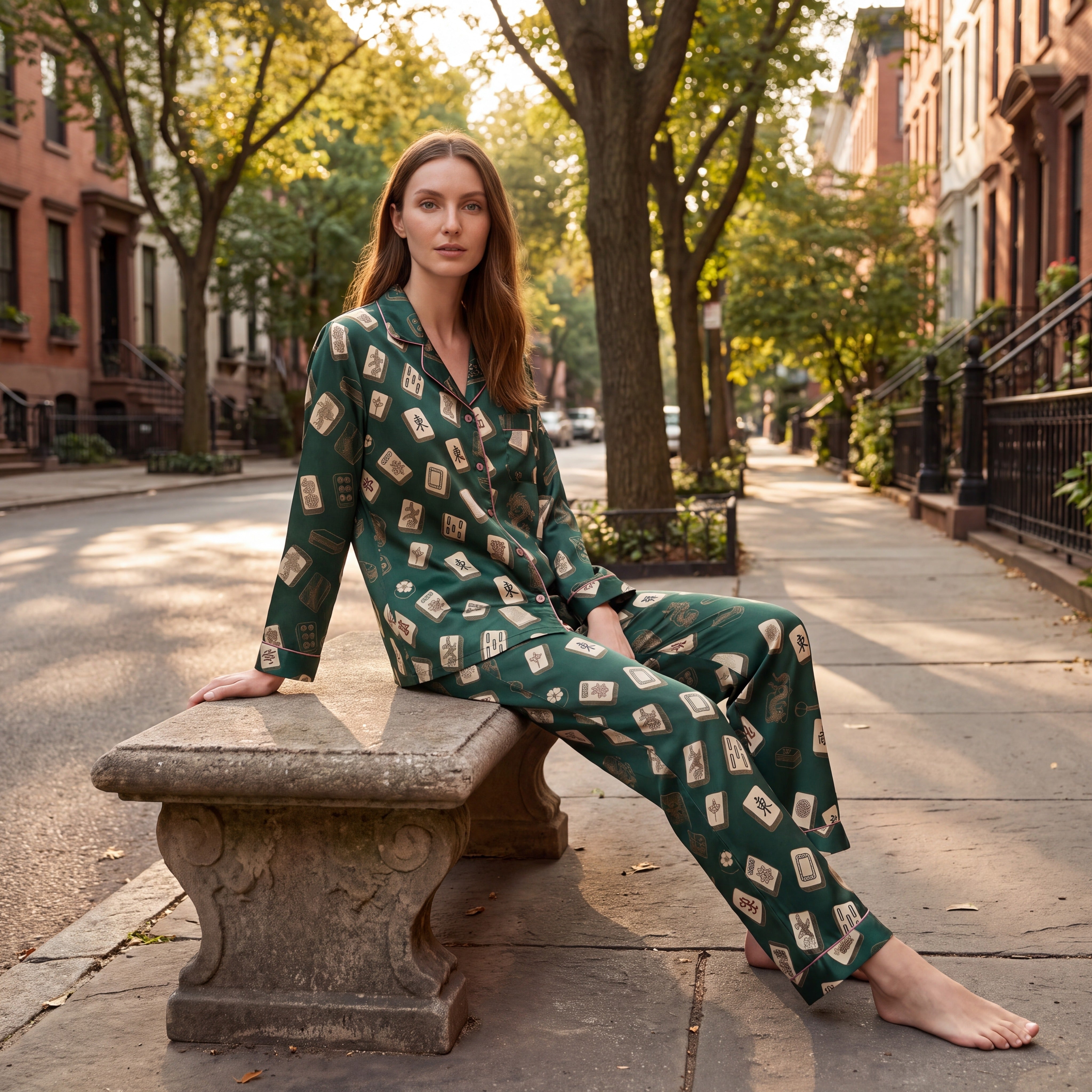 Emerald Green Mahjong Pajama Set for Women