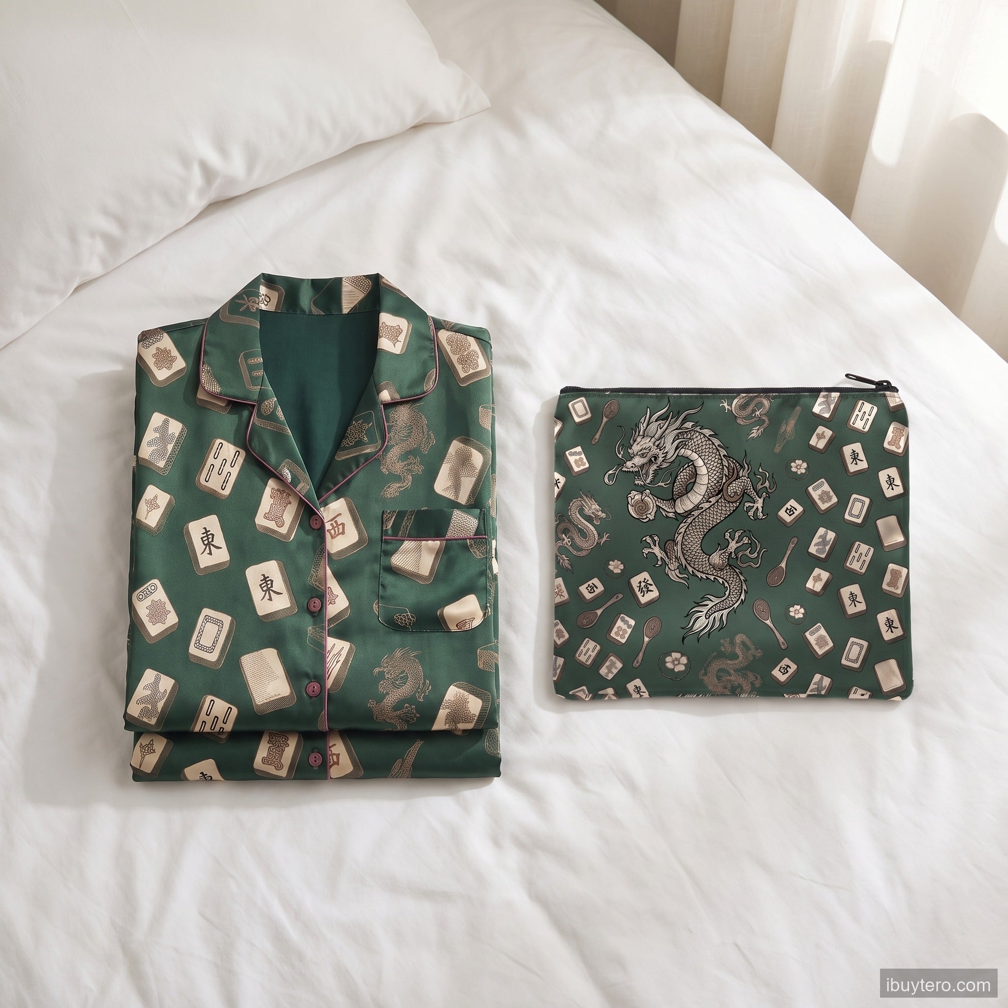 Emerald Green Mahjong Pajama Set for Women