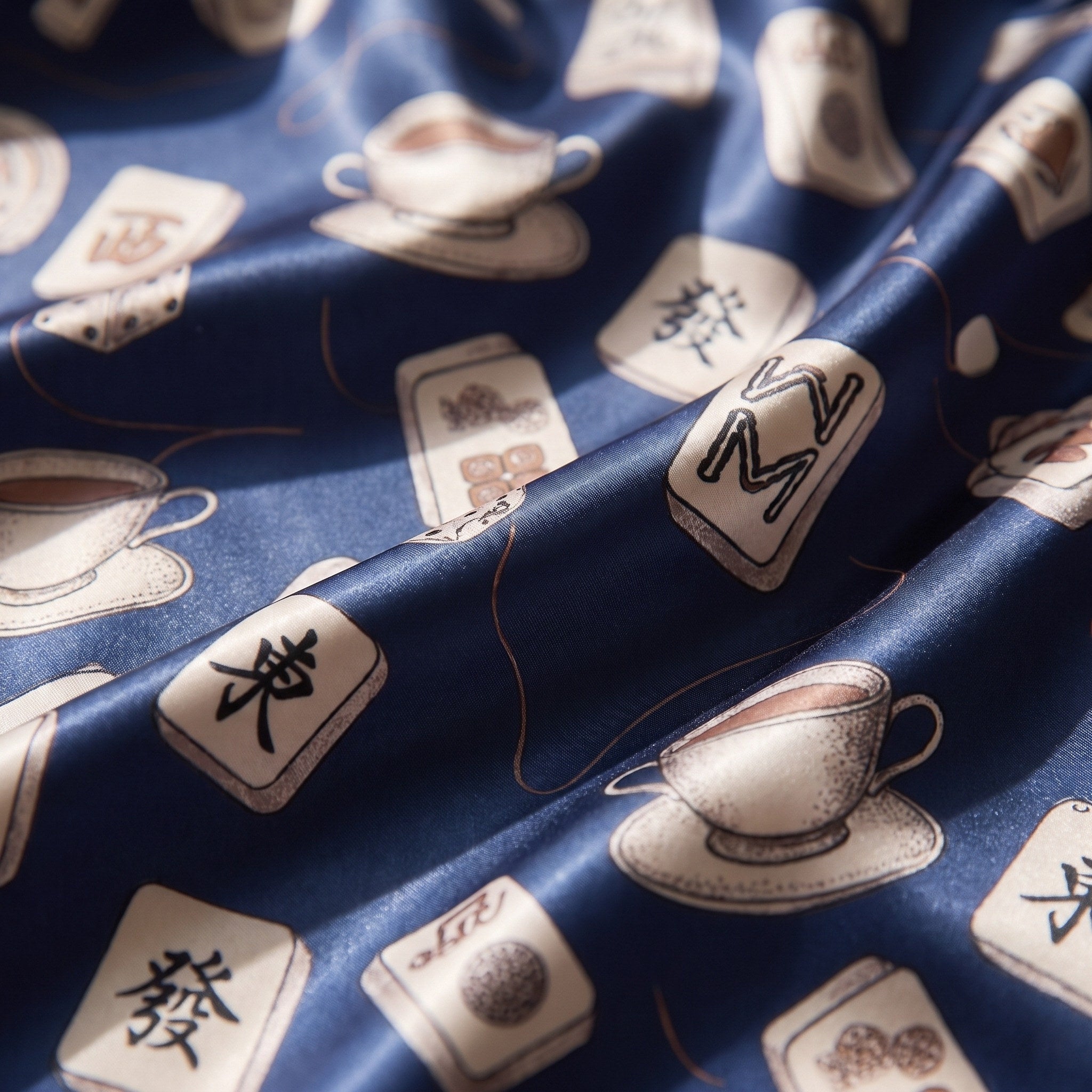 Navy Mahjong & Tea Satin Pajama Set for Women | IBUYTERO — close-up of the satin fabric print