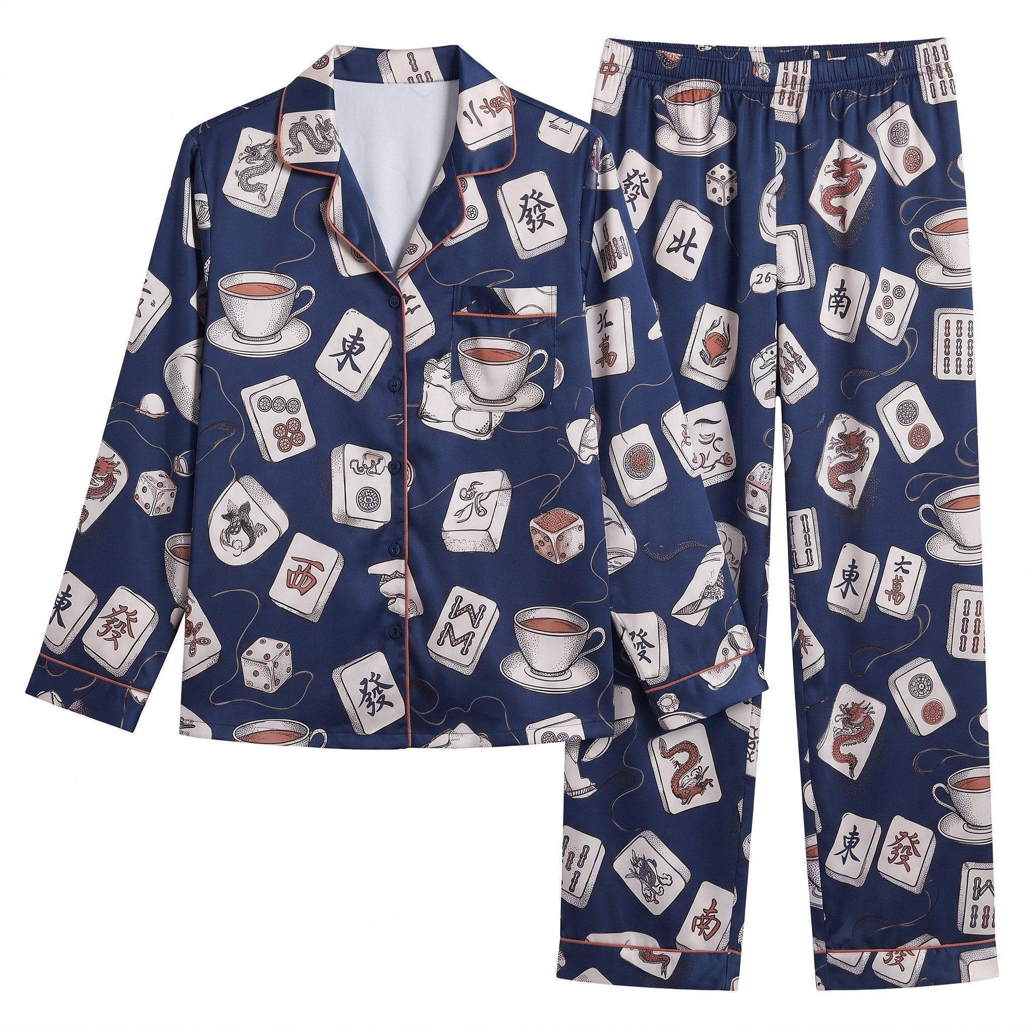 Navy Mahjong & Tea Satin Pajama Set for Women | IBUYTERO — lifestyle photo