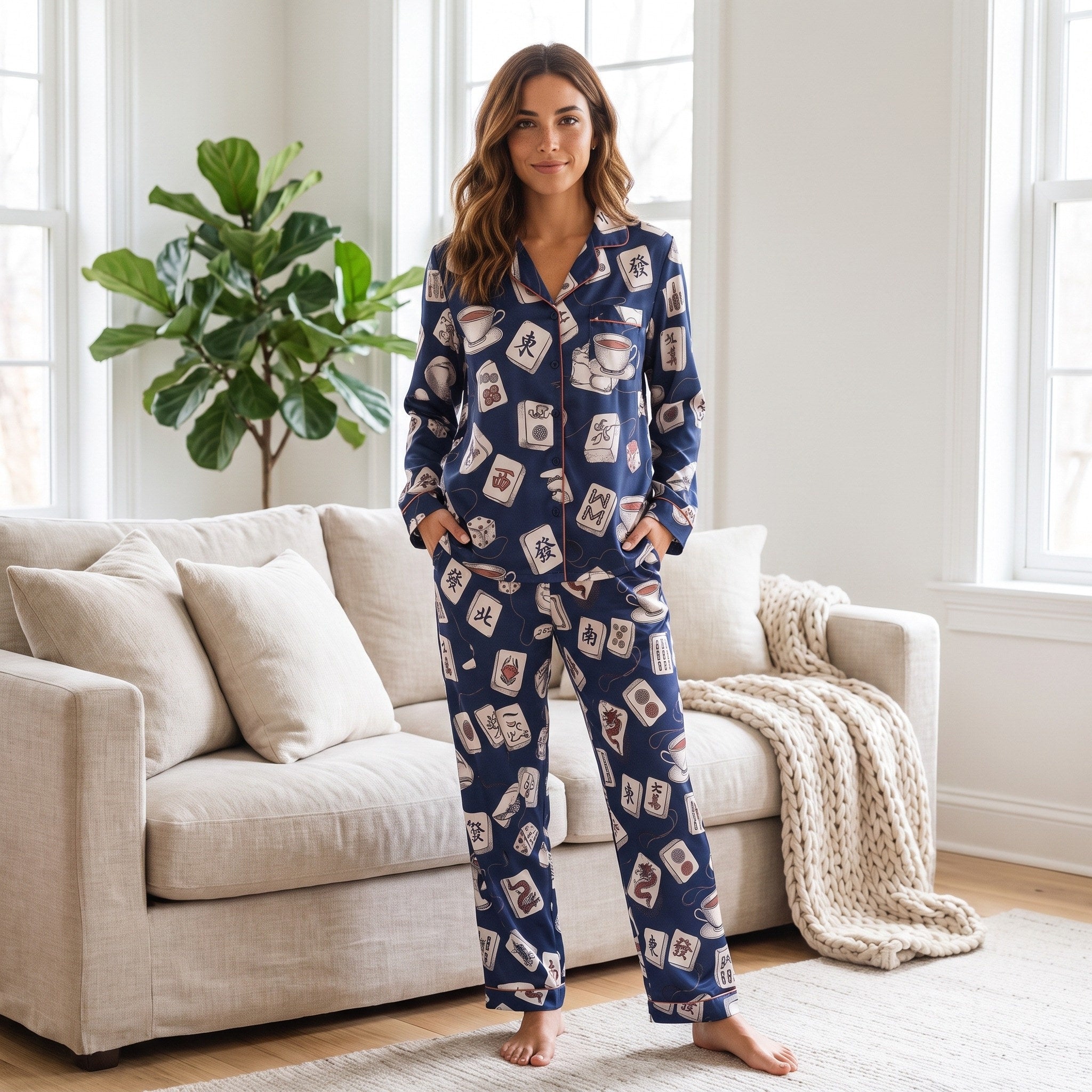 Navy Mahjong & Tea Satin Pajama Set for Women | IBUYTERO — hands in pockets