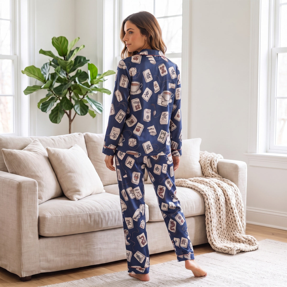 Navy Mahjong & Tea Satin Pajama Set for Women | IBUYTERO — looking back over the shoulder