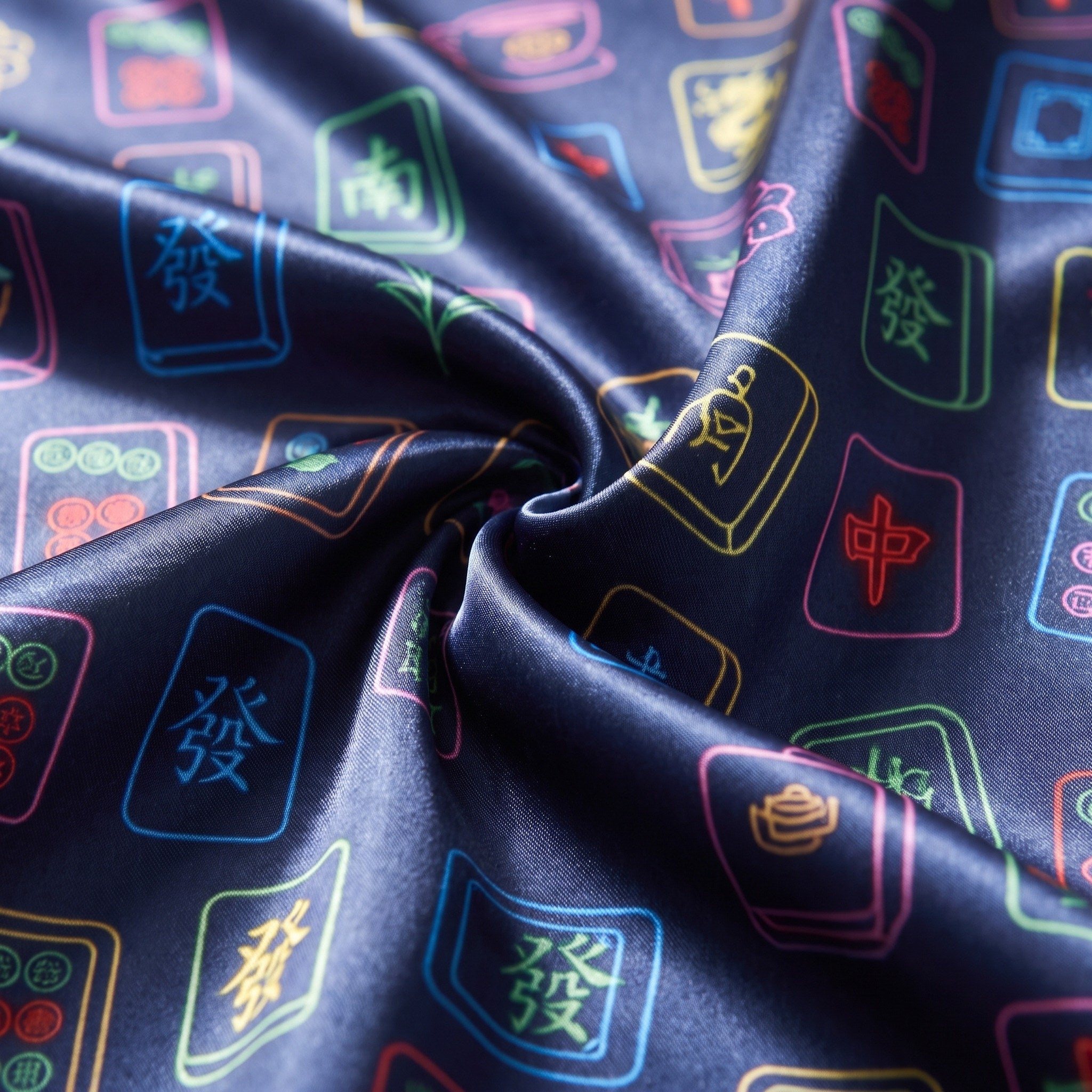 Silky Satin Long-Sleeved Women's Pajama Set in Navy Mahjong Coffee
