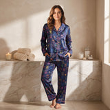 Silky Satin Long-Sleeved Women's Pajama Set in Navy Mahjong Coffee