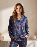 Silky Satin Long-Sleeved Women's Pajama Set in Navy Mahjong Coffee