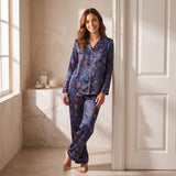 Silky Satin Long-Sleeved Women's Pajama Set in Navy Mahjong Coffee