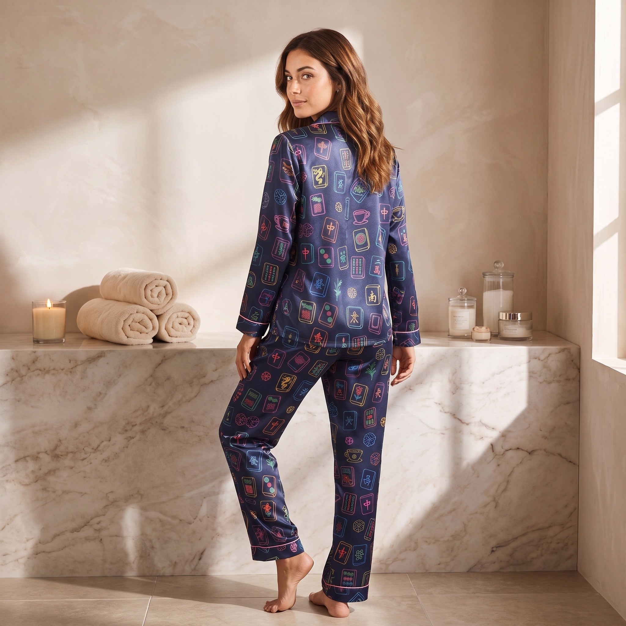 Silky Satin Long-Sleeved Women's Pajama Set in Navy Mahjong Coffee