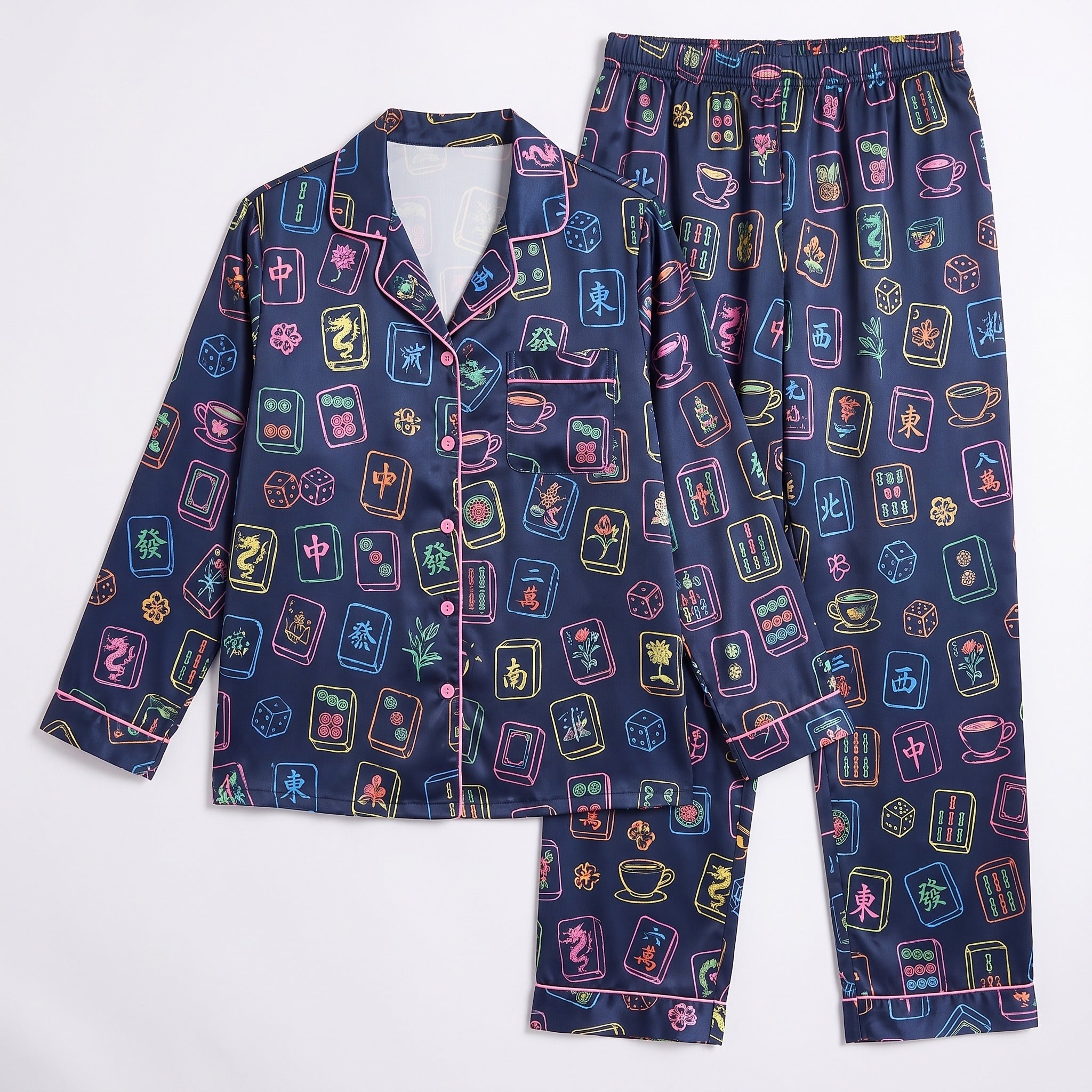 Silky Satin Long-Sleeved Women's Pajama Set in Navy Mahjong Coffee