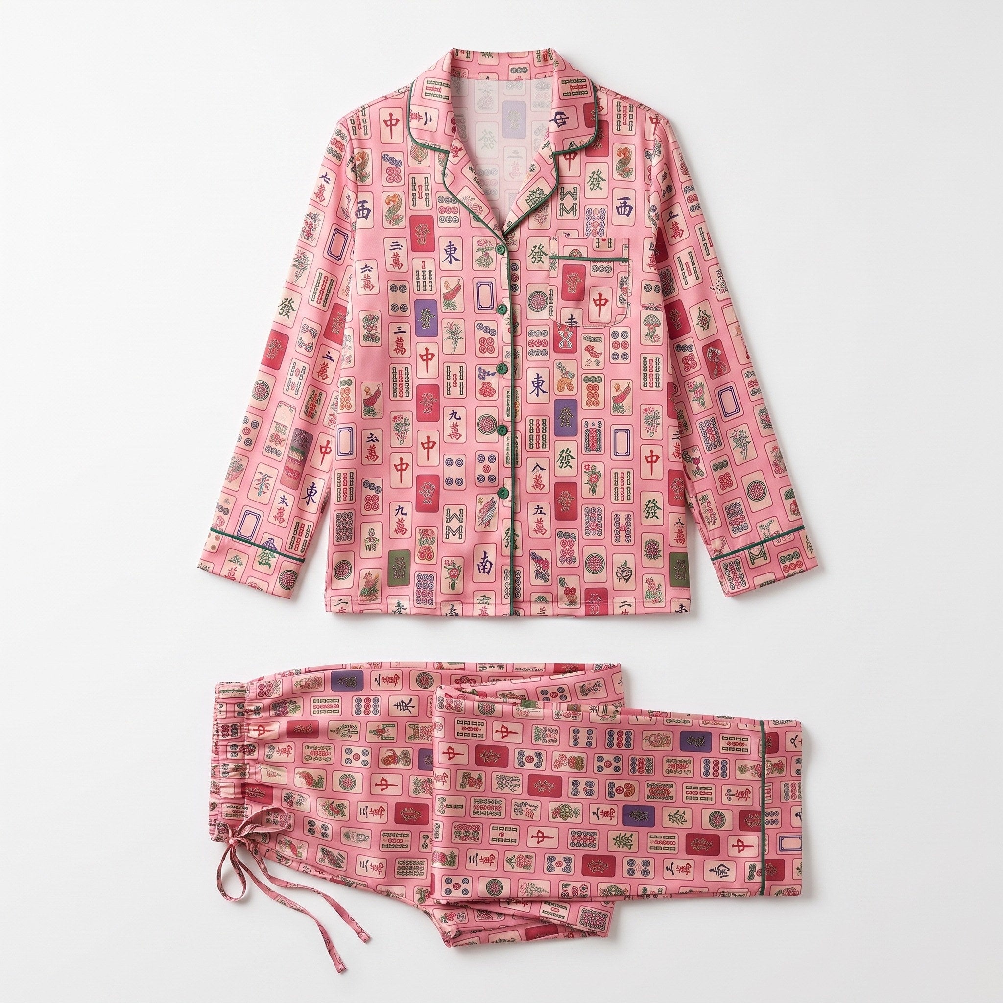 Pink Mahjong Tile Pajama Set for Women — flat lay of the full set