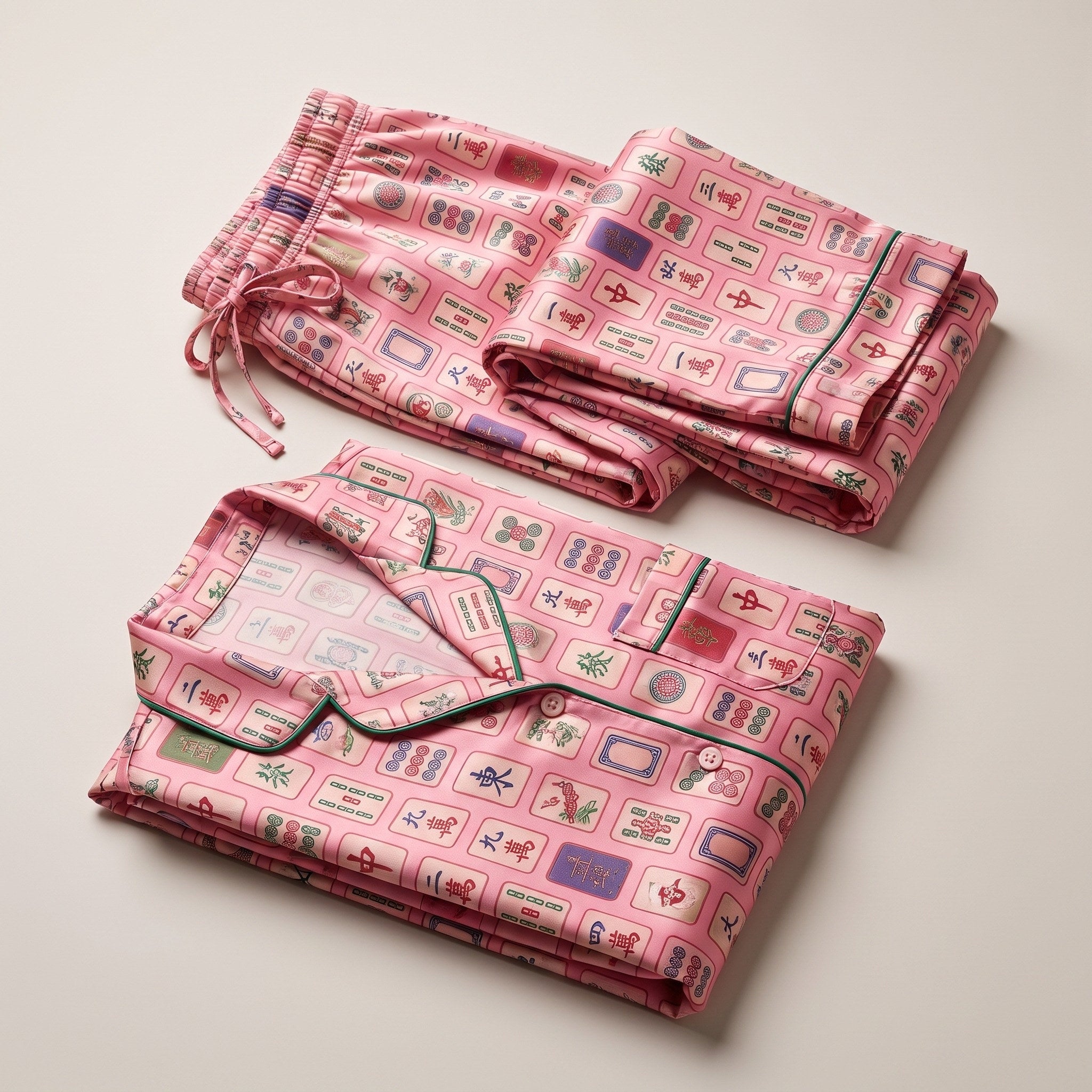 Pink Mahjong Tile Pajama Set for Women — folded, flat lay