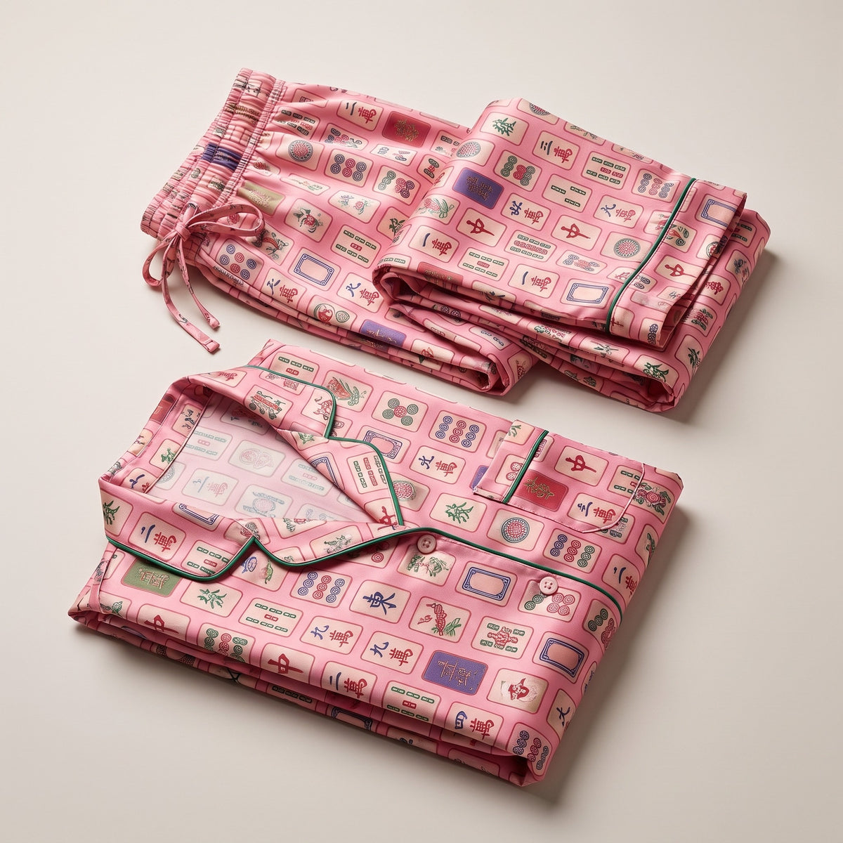 Pink Mahjong Tile Pajama Set for Women — folded, flat lay