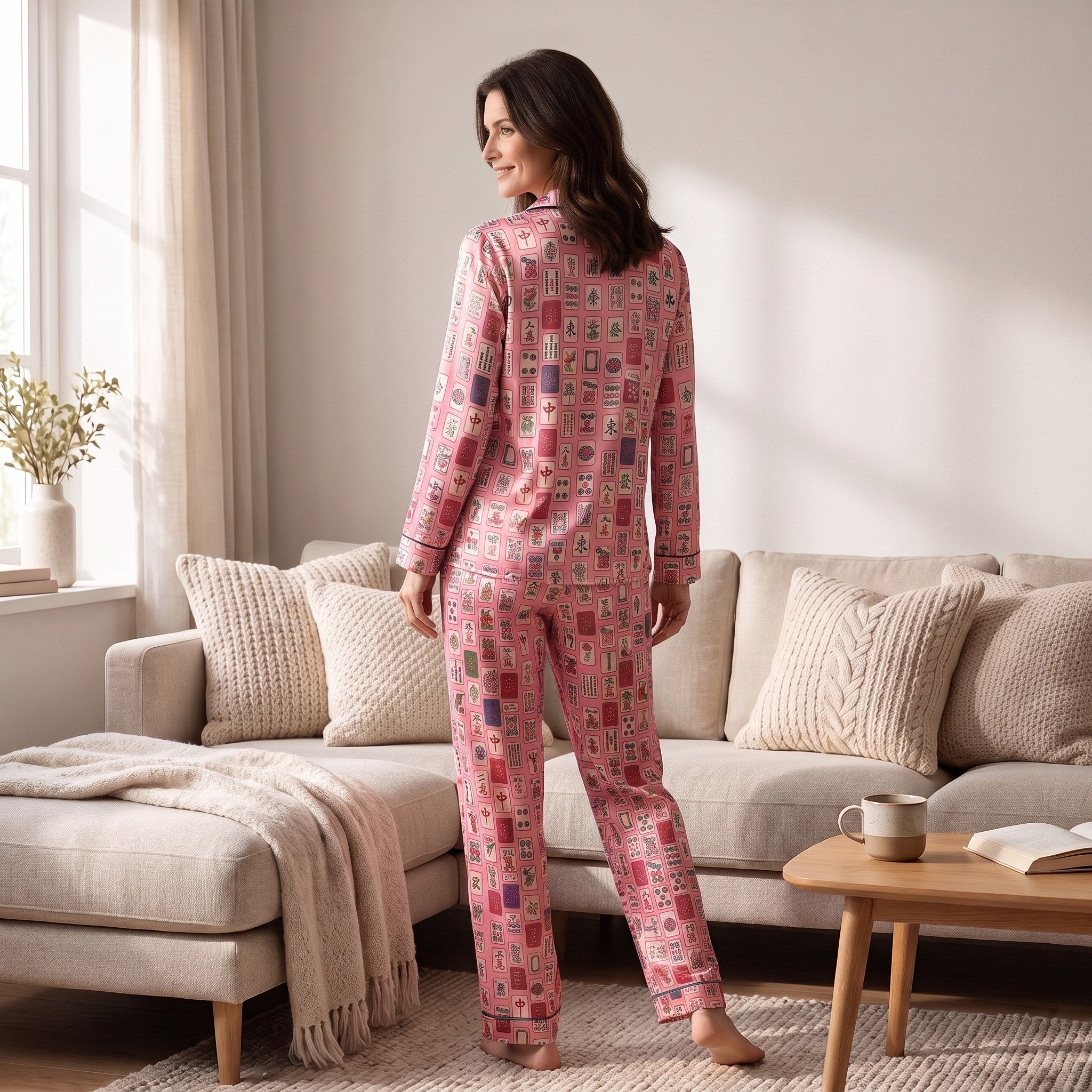 Silky Satin Long-Sleeved Women's Pajama Set in Mahjong