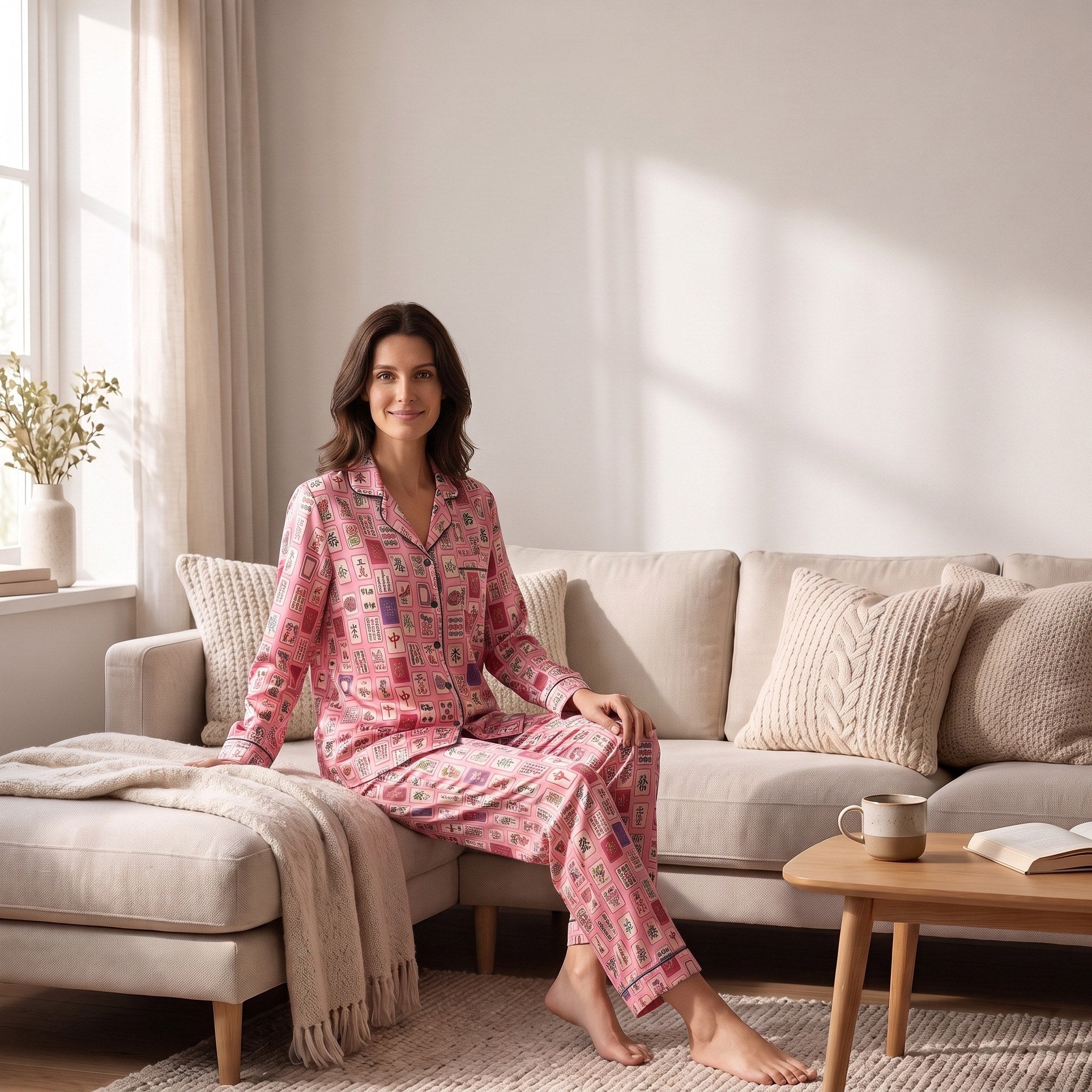Silky Satin Long-Sleeved Women's Pajama Set in Mahjong
