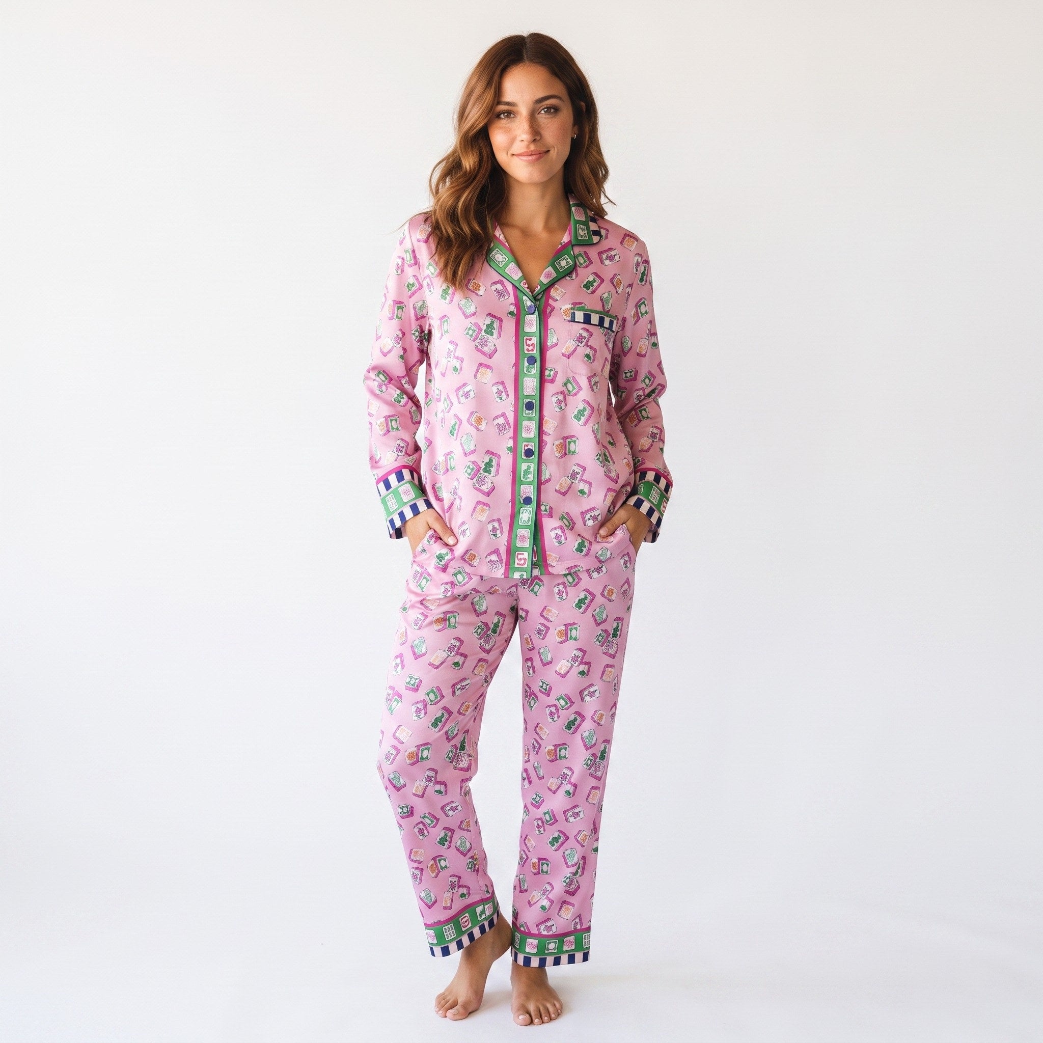 Silky Satin Long-Sleeved Women's Pajama Set in Pink Mahjong