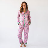 Silky Satin Long-Sleeved Women's Pajama Set in Pink Mahjong