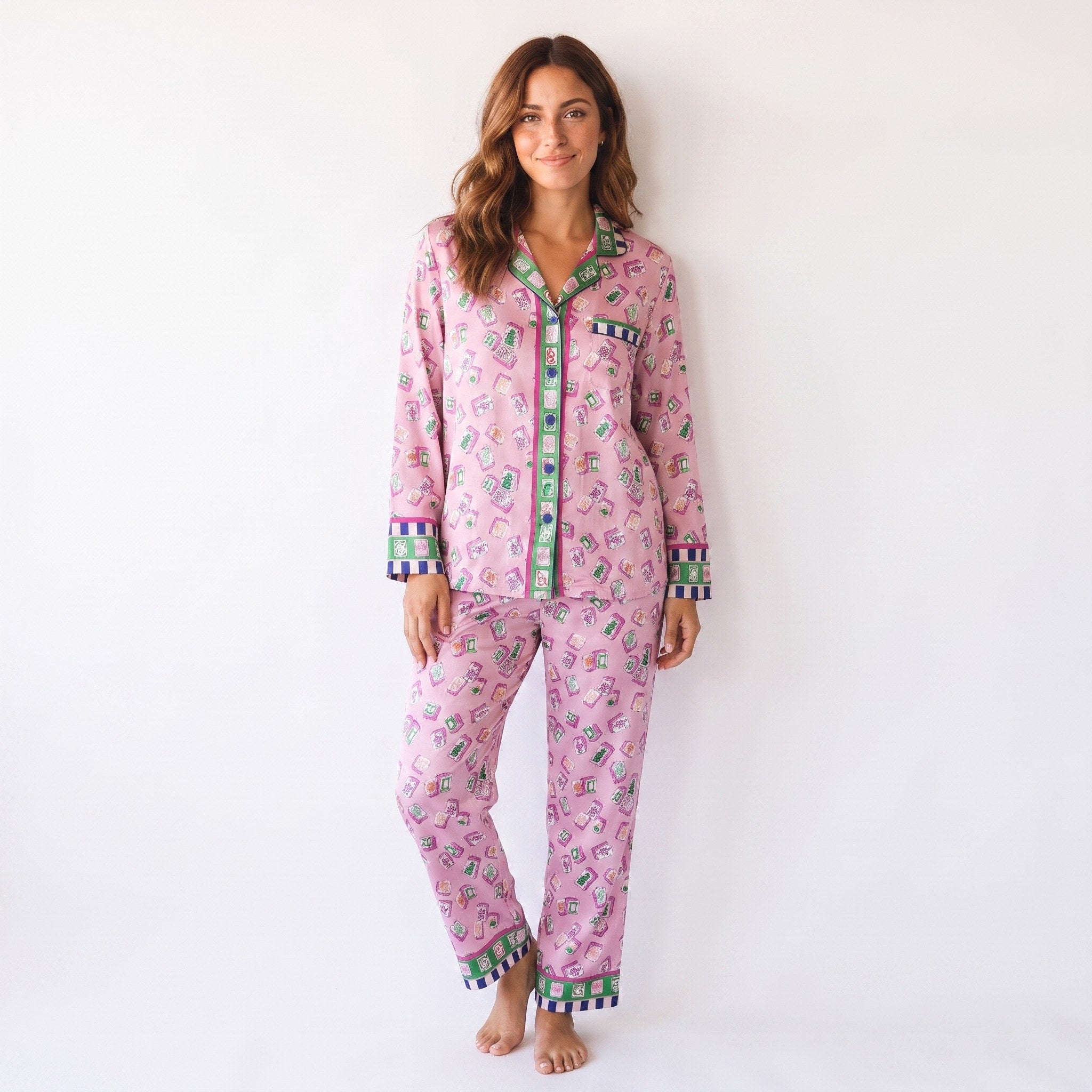 Silky Satin Long-Sleeved Women's Pajama Set in Pink Mahjong