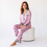 Silky Satin Long-Sleeved Women's Pajama Set in Pink Mahjong