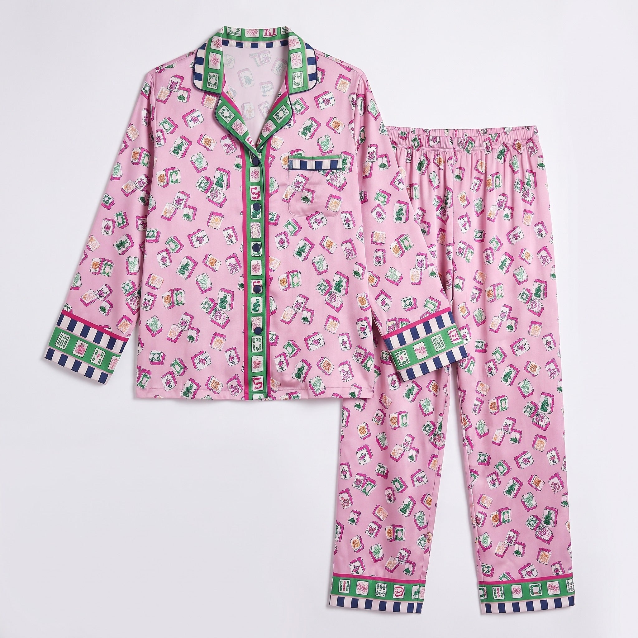 Silky Satin Long-Sleeved Women's Pajama Set in Pink Mahjong
