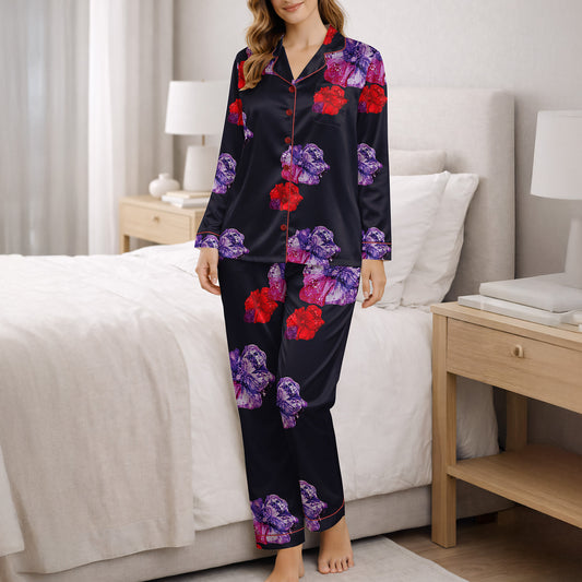 Silk-Style Floral Sleepwear with Contrast Piping