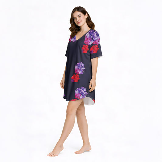 Short Sleeve Floral Print Sleep Dress - Midnight Garden