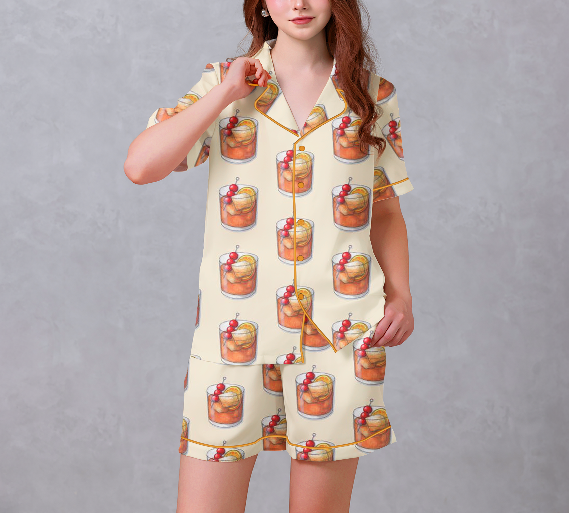 Fruit Cooktail Orange Satin Pajama Set