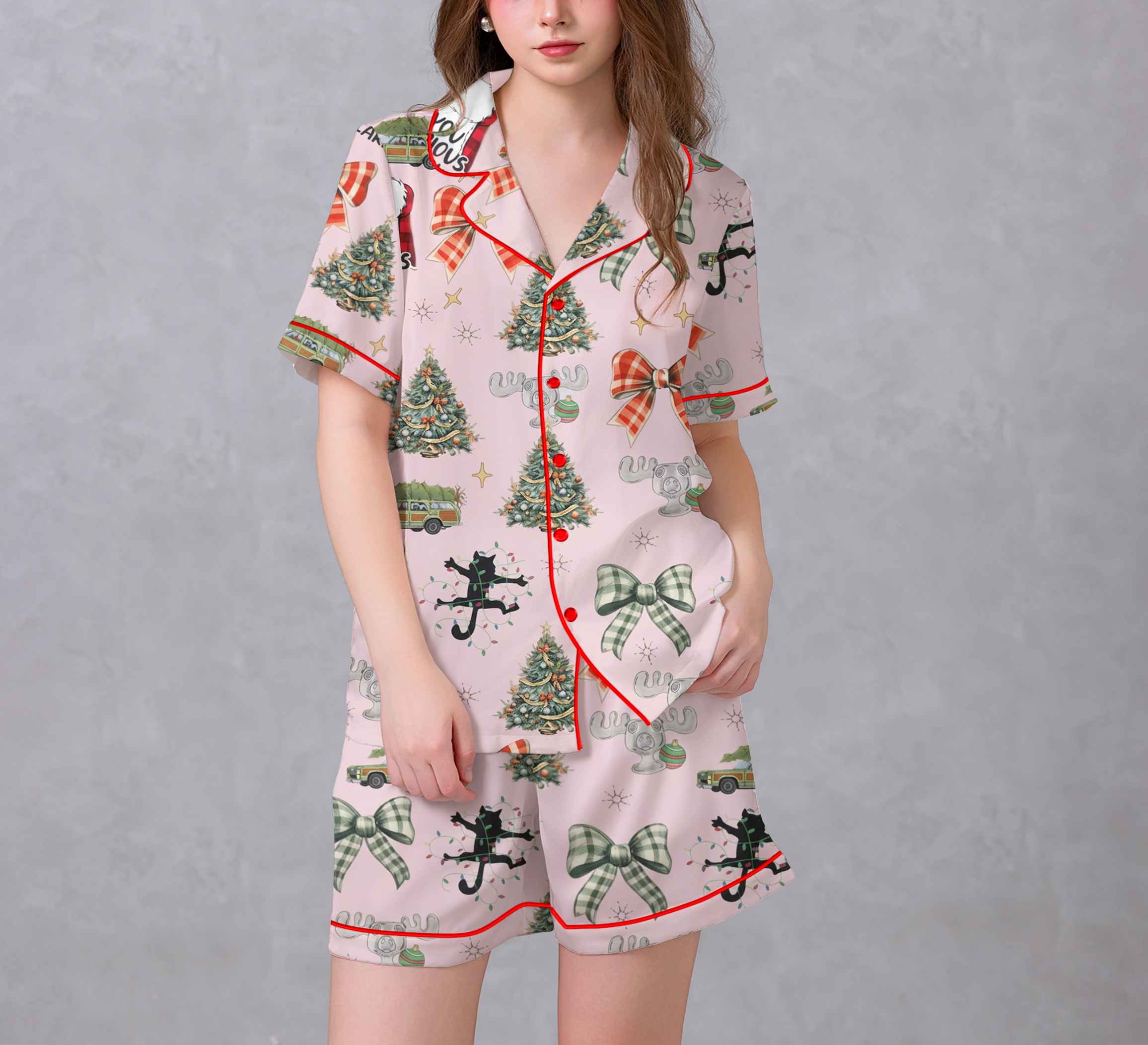 Merry Christmas Light Pink Satin Pajama Set