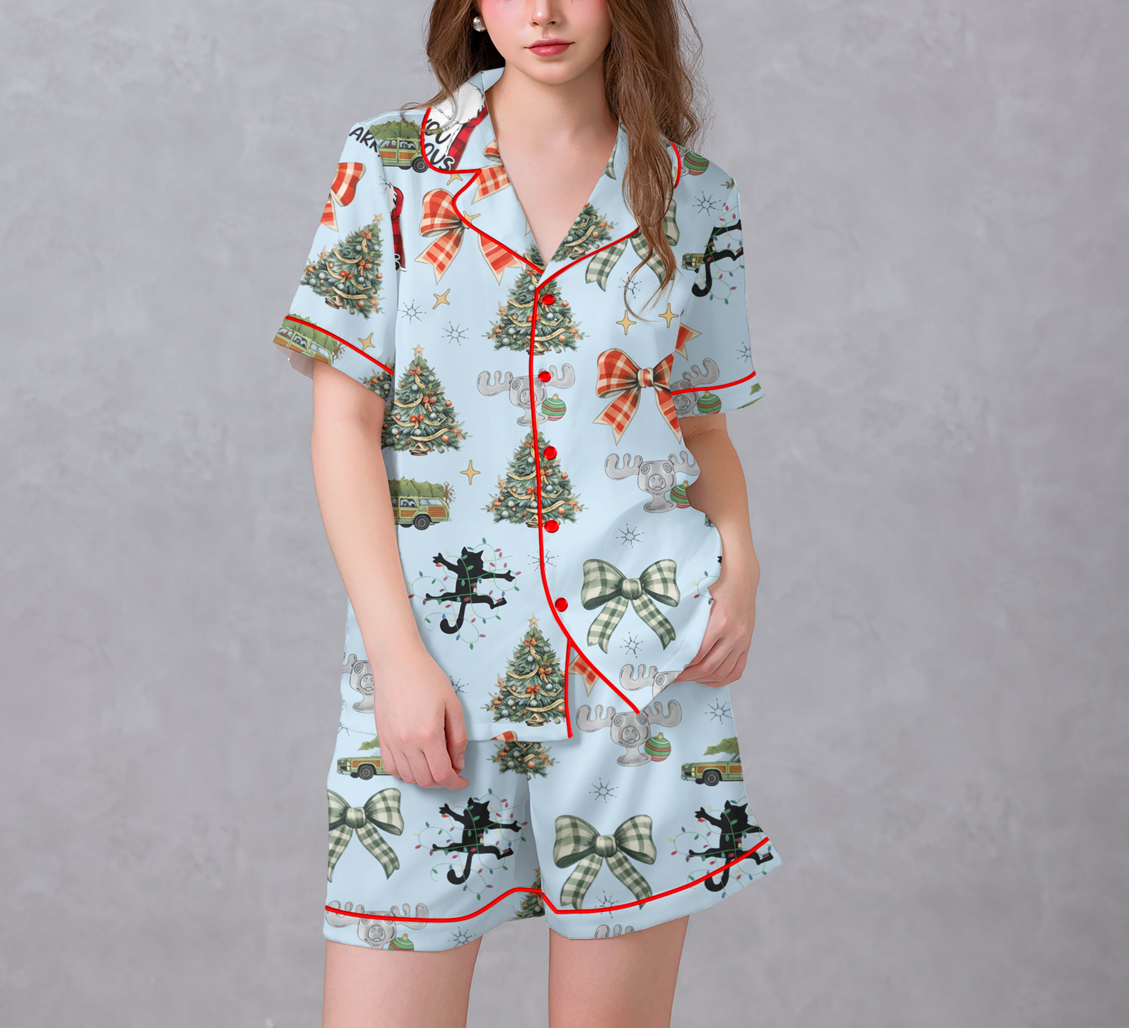 Merry Christmas Light Blue Satin Pajama Set