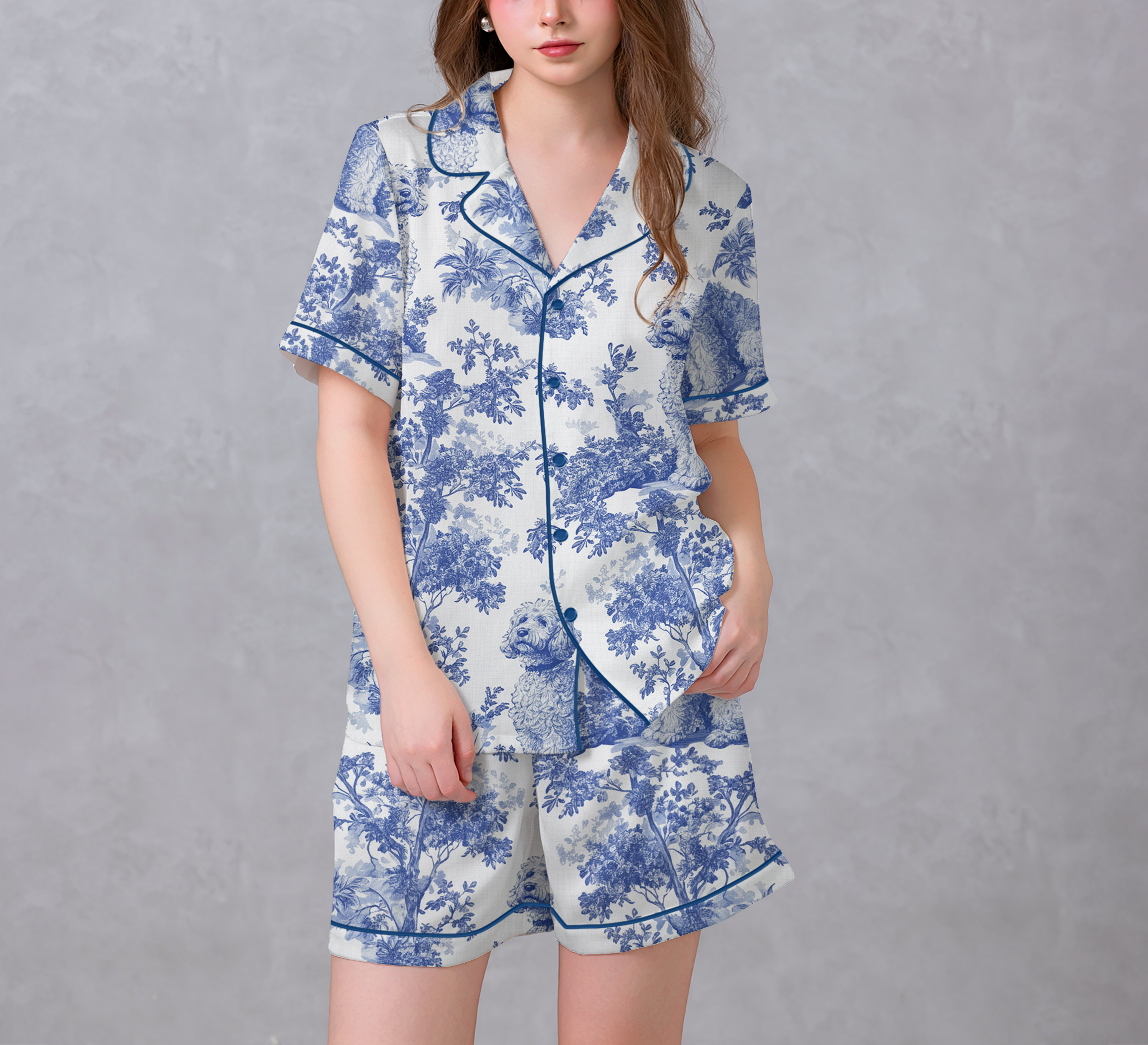 Love Poodle Tuile De Jouy Satin Pajama Set