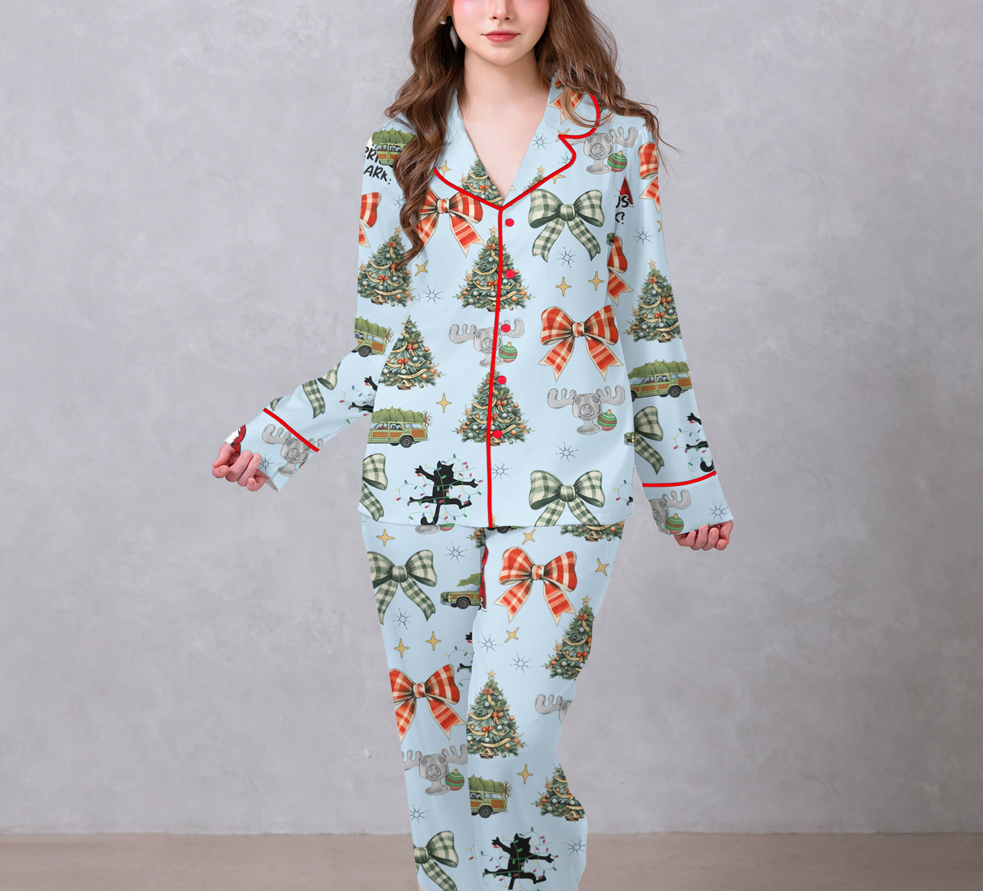 Merry Christmas Light Blue Satin Pajama Set
