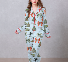 Merry Christmas Light Blue Satin Pajama Set