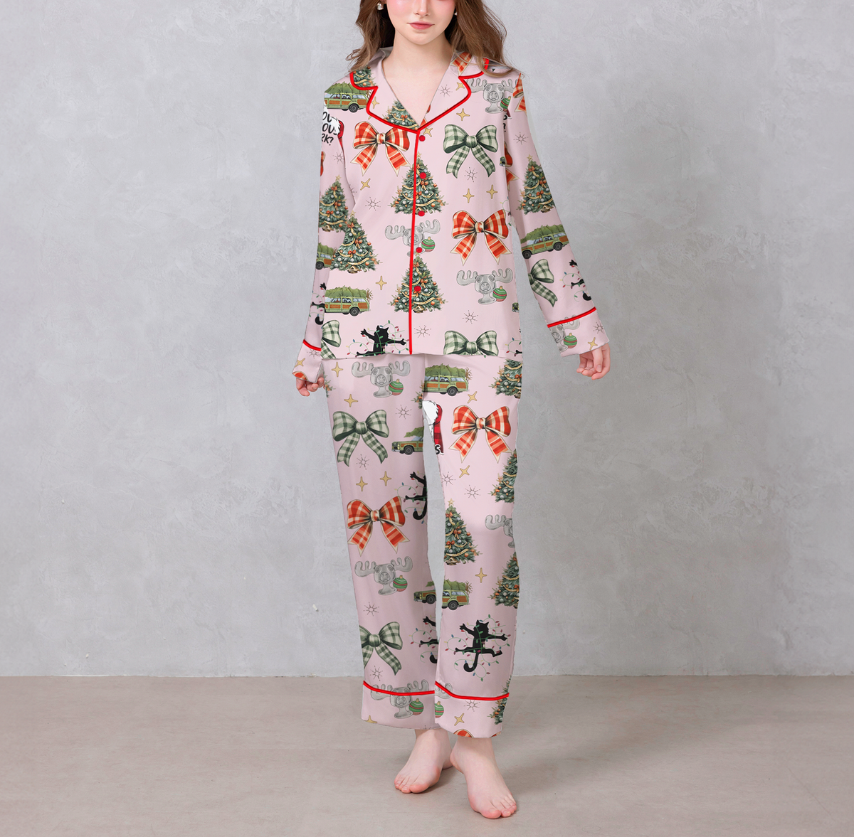 Merry Christmas Light Pink Satin Pajama Set