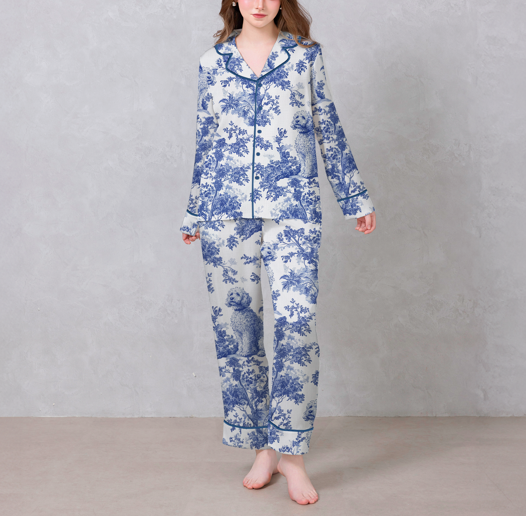 Love Poodle Tuile De Jouy Satin Pajama Set
