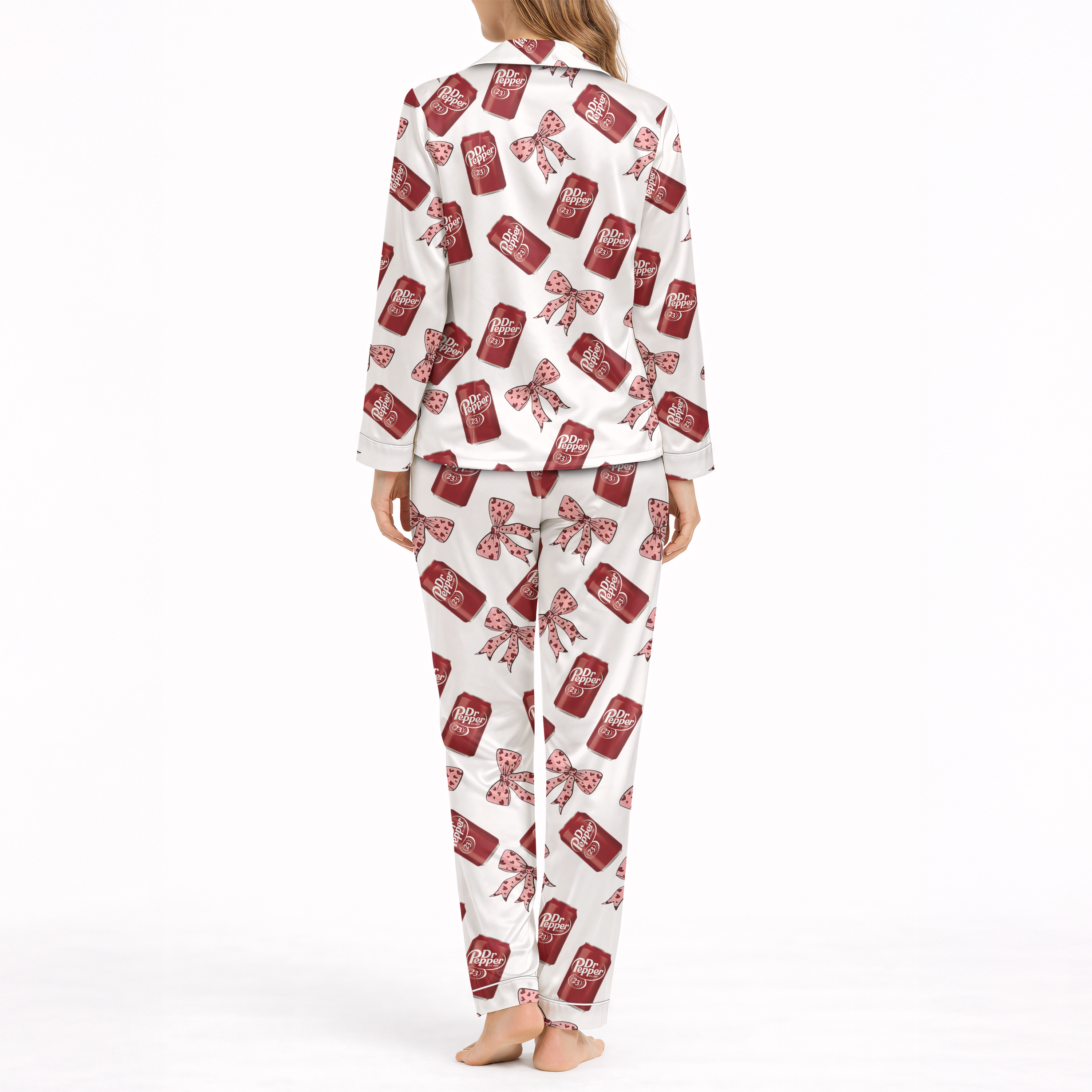Pepper Drink Pink Coquette Bow Satin Pajama Set For Women
