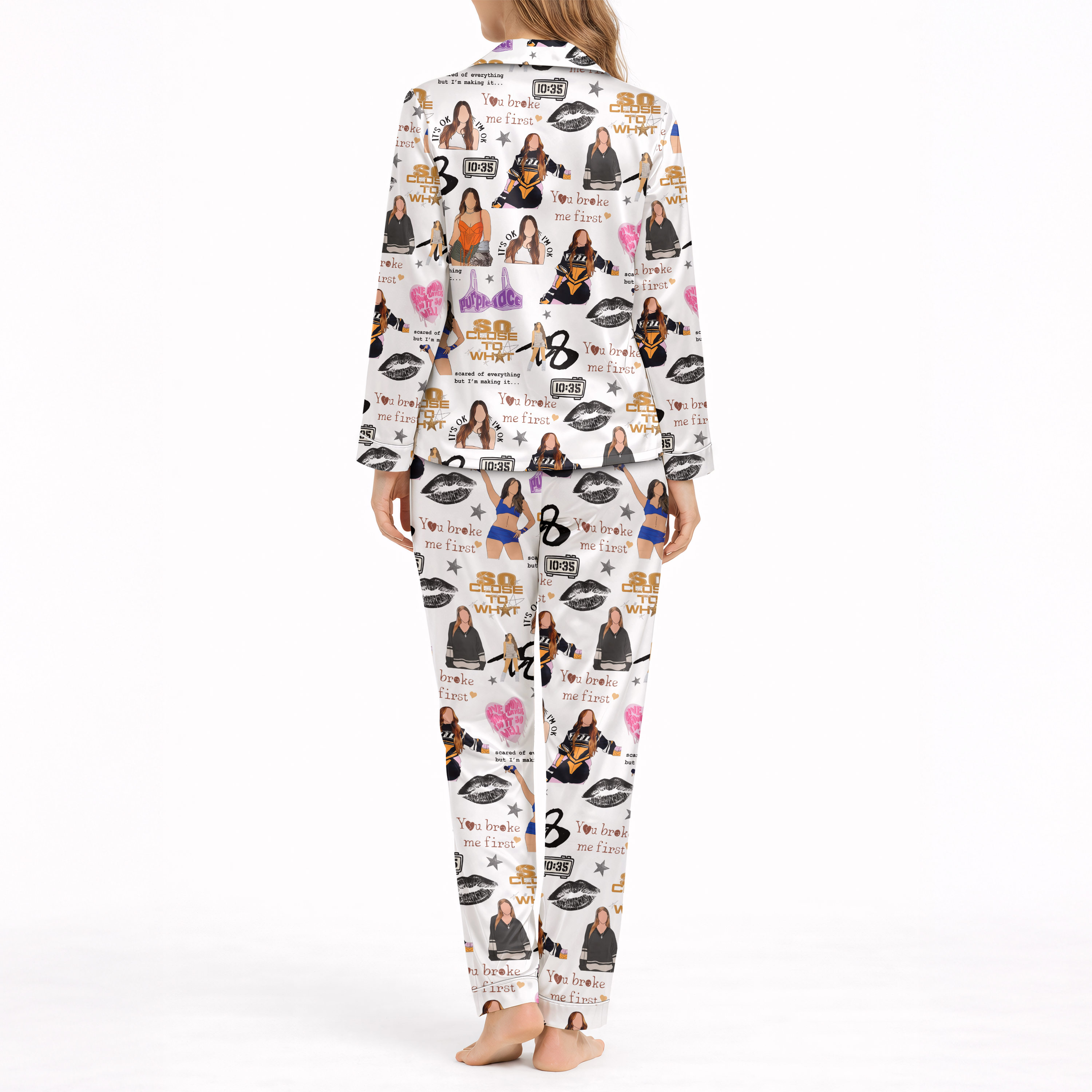 Pop Girl Illustration Silky Satin Pajama Set for Women