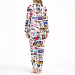 Women’s Silky Satin Pajama Set – 90s Boy Band Inspired Print