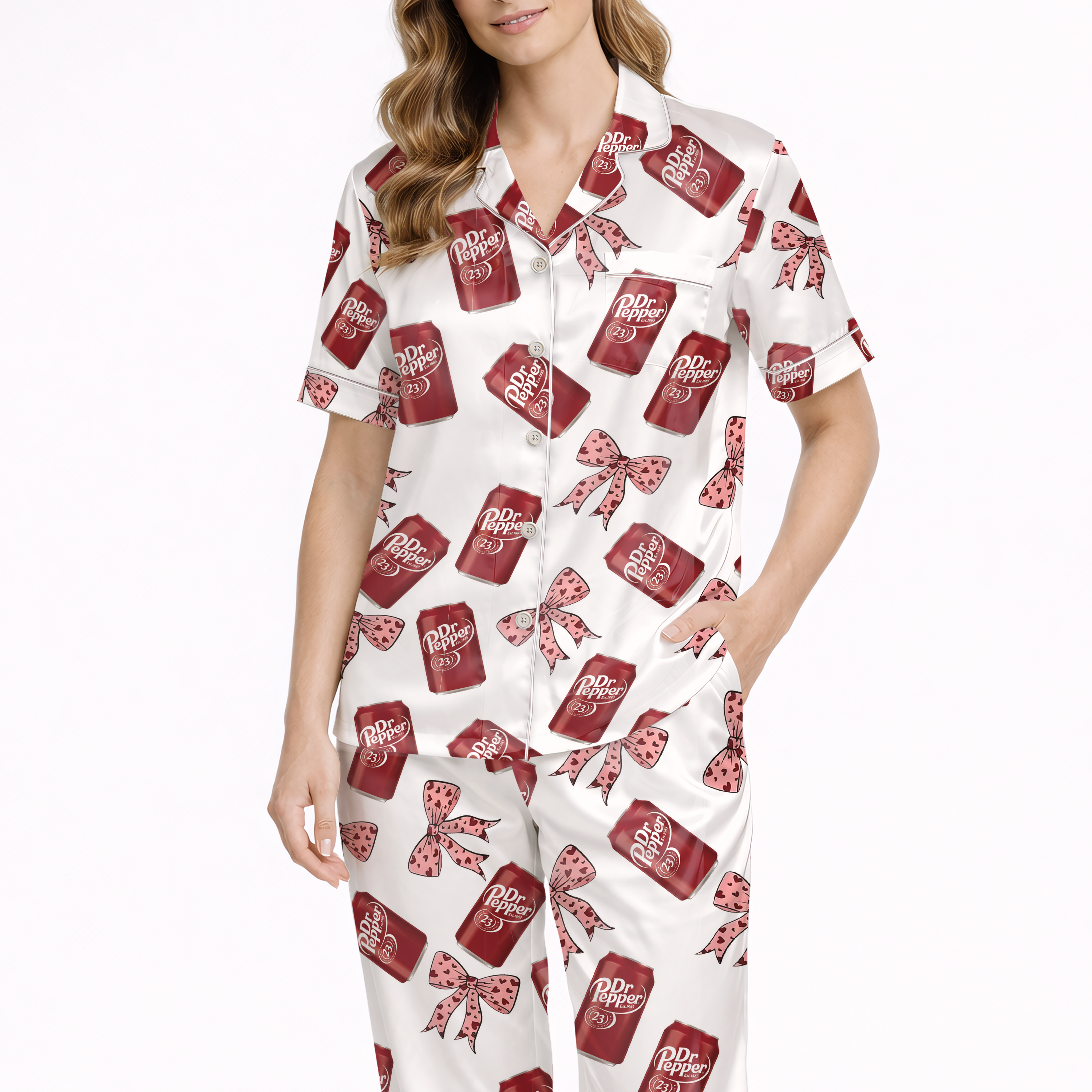 Pepper Drink Pink Coquette Bow Satin Pajama Set For Women