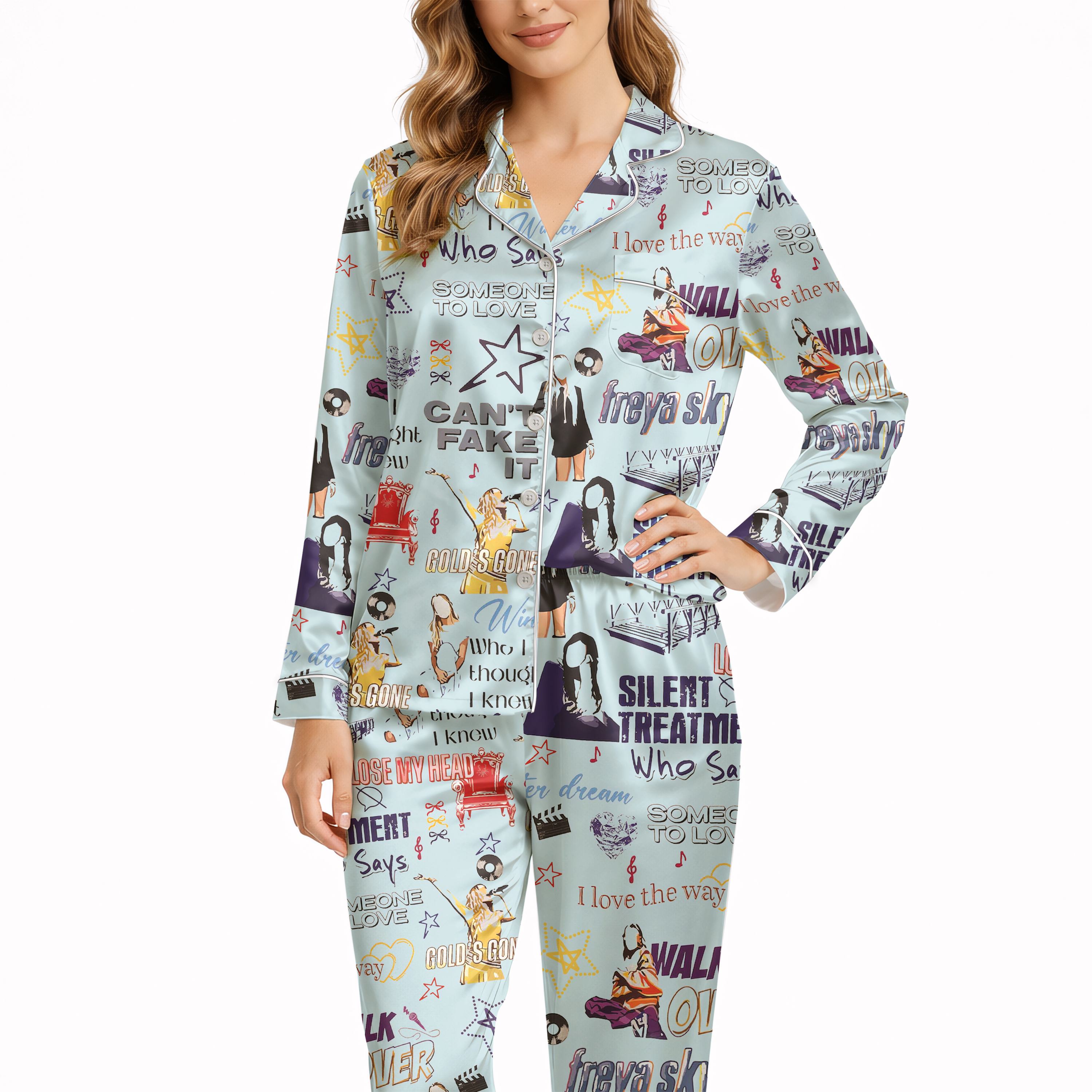 Music Pop Illustration Silky Satin Pajama Set