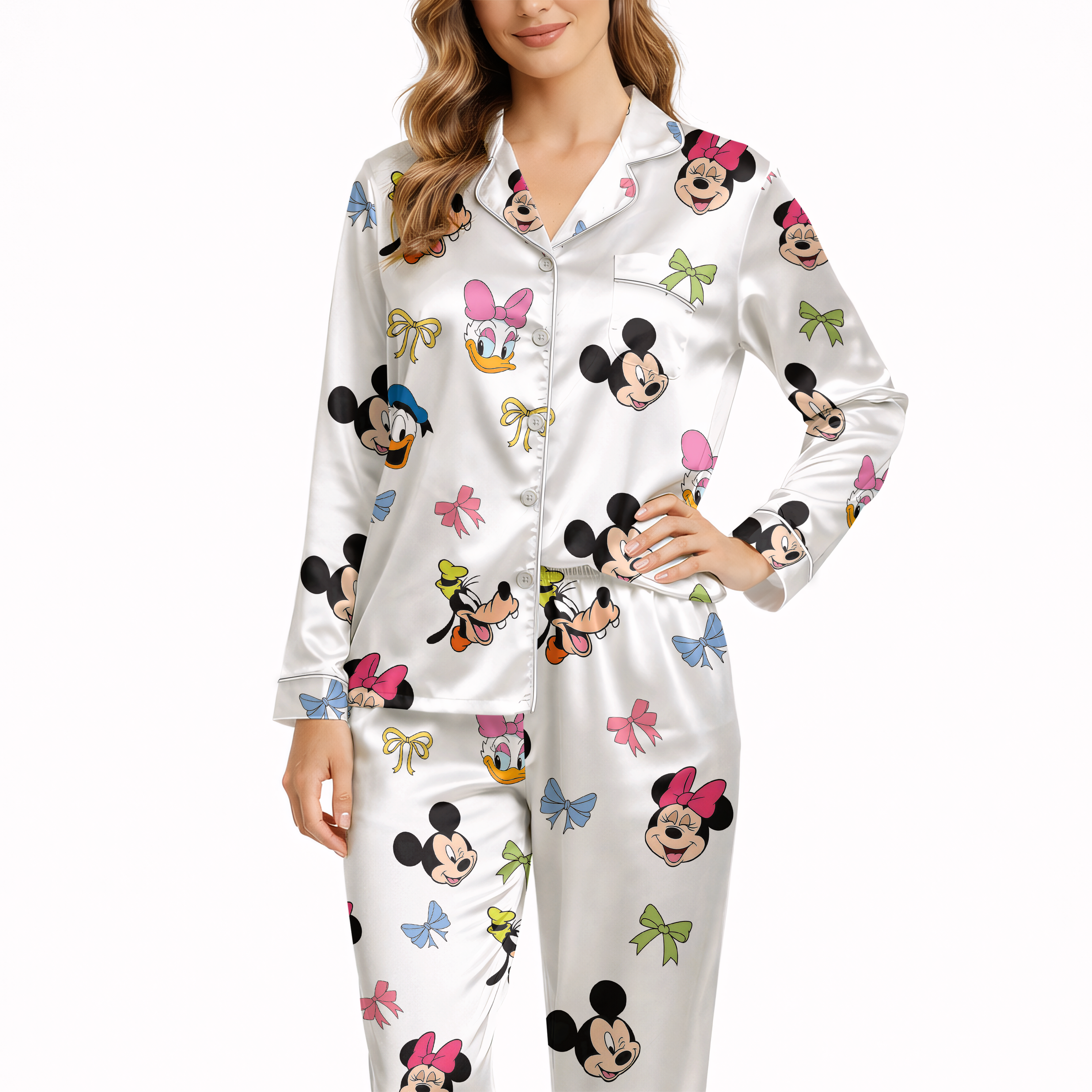 Women’s Silky Satin Pajama Set – Cute Cartoon Friends Print