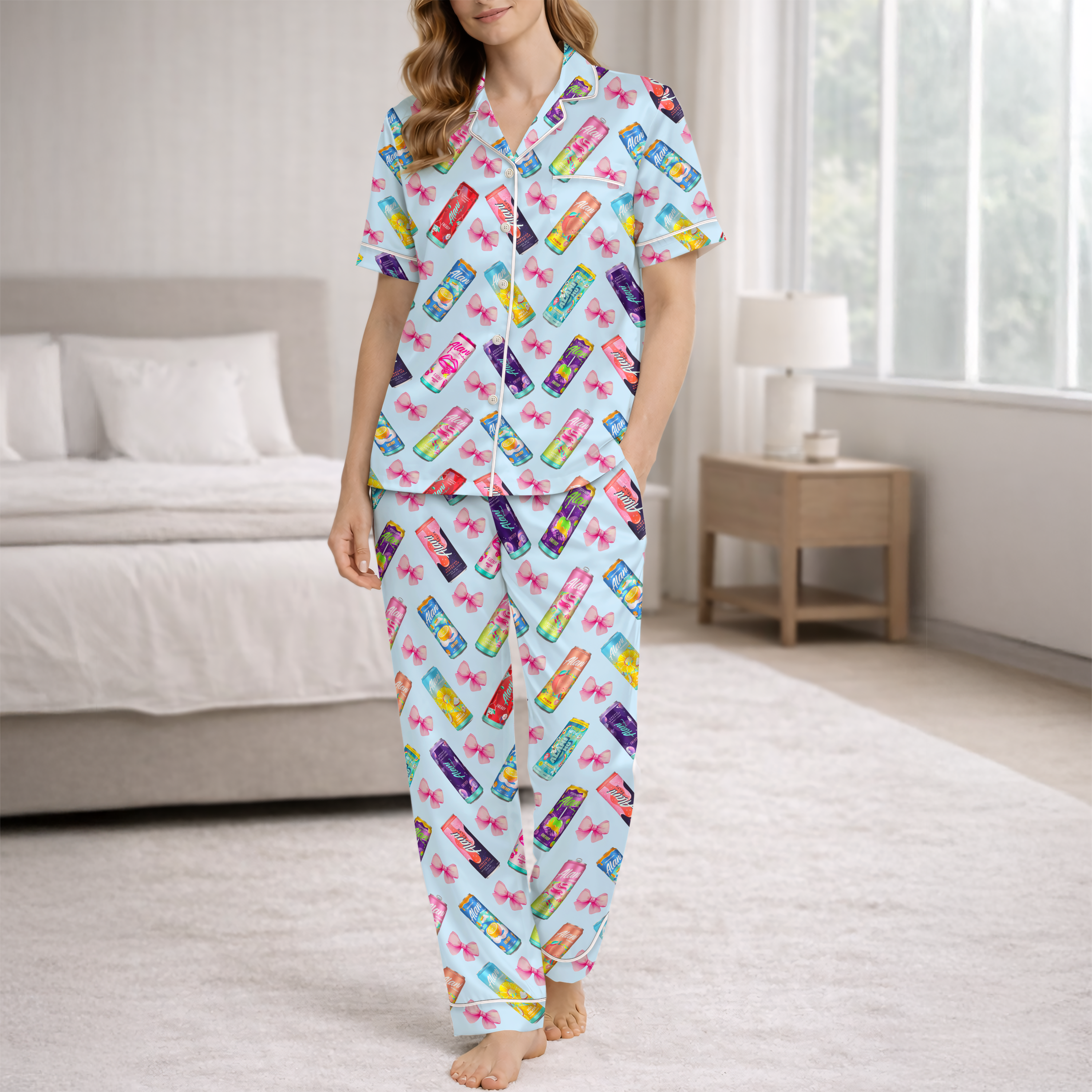 Summer Energy Drink Silky Satin Pajama Set For Women