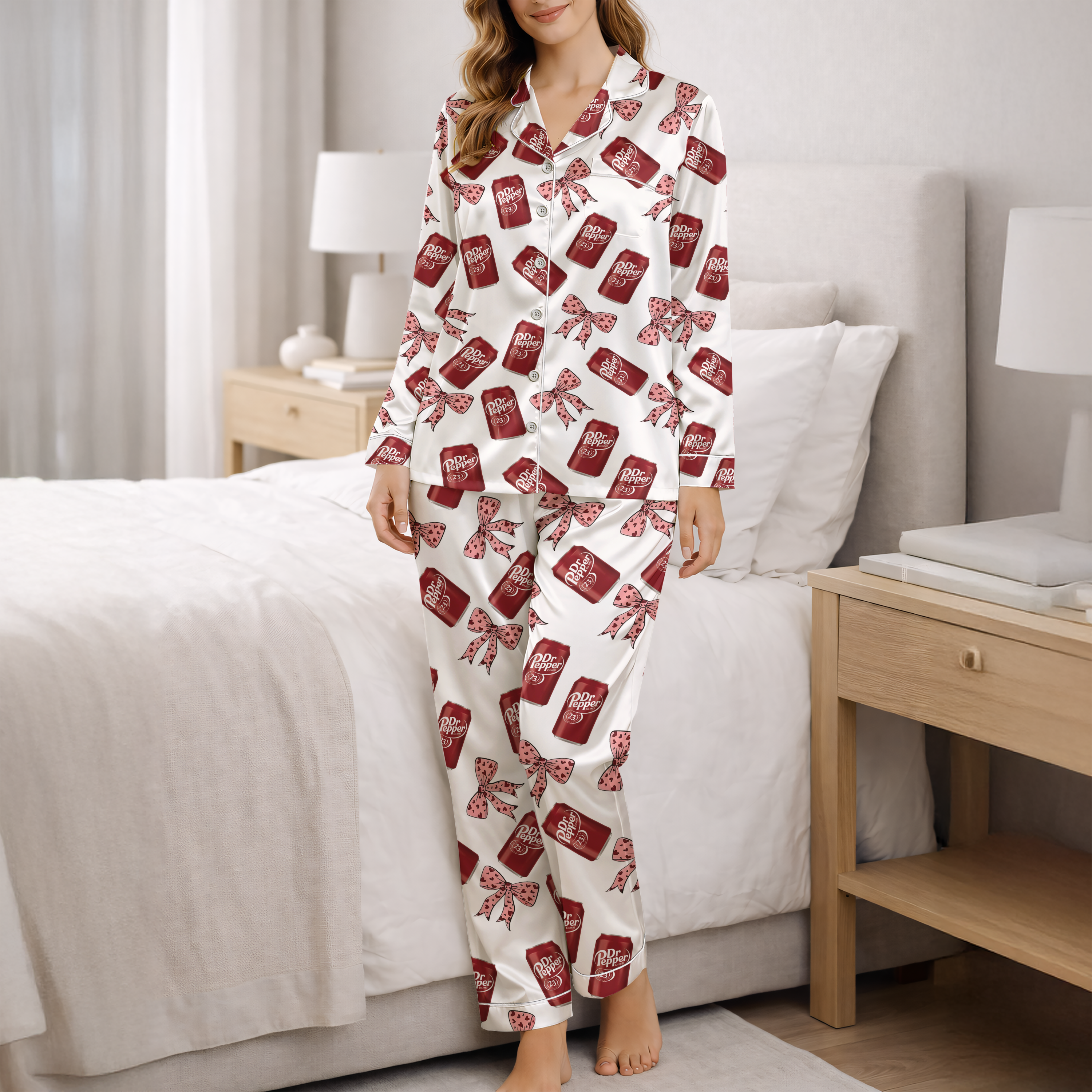 Pepper Drink Pink Coquette Bow Satin Pajama Set For Women