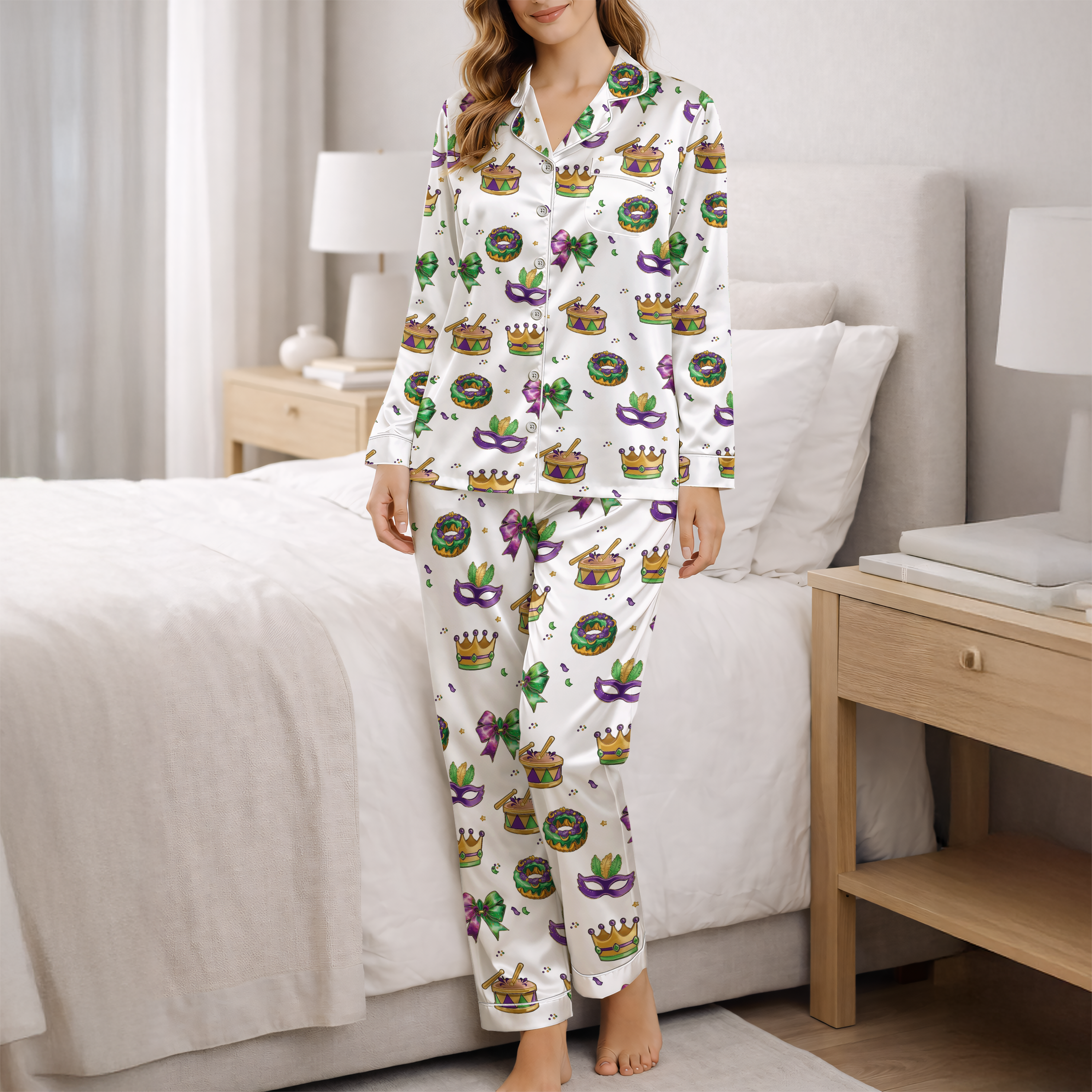Mardi Gras Coquette Silky Satin Pajama Set For Women